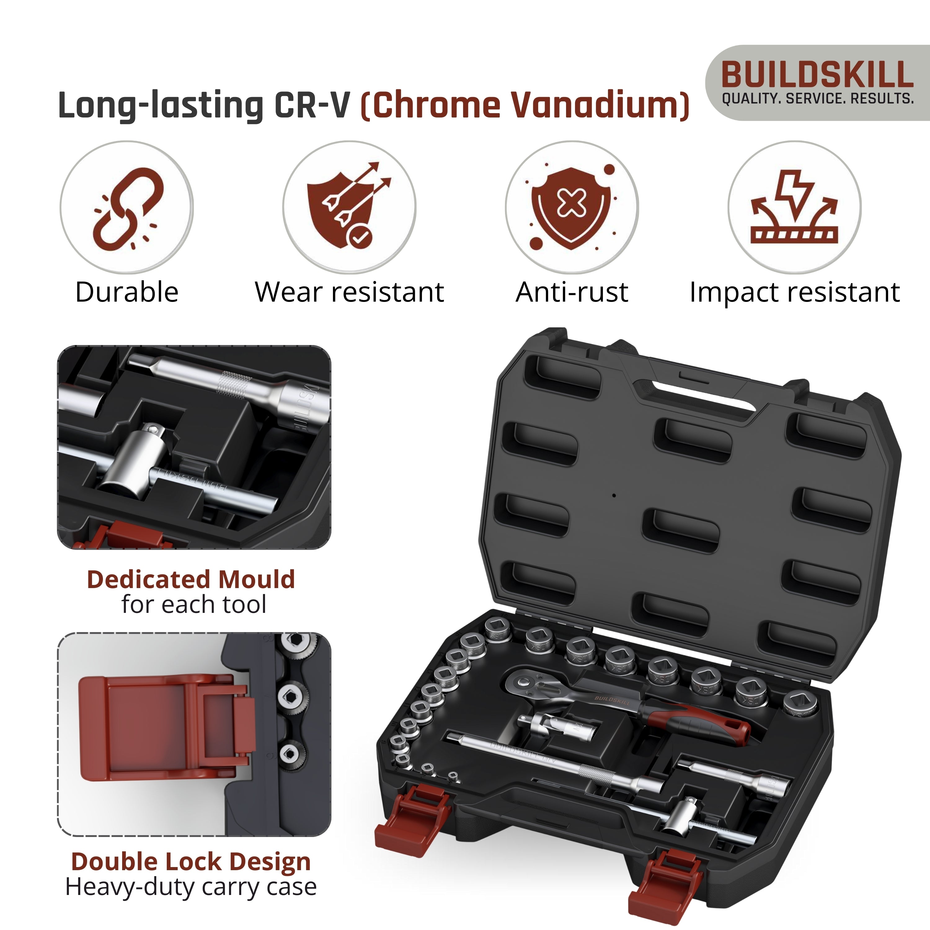 BUILDSKILL 3/8 inch socket set | 23 piece - heavy duty CR-V material | 3" & 6" extension bar | quick release reversible ratchet | TPR anti-slip grip | socket wrench set for car & bicycle repairing