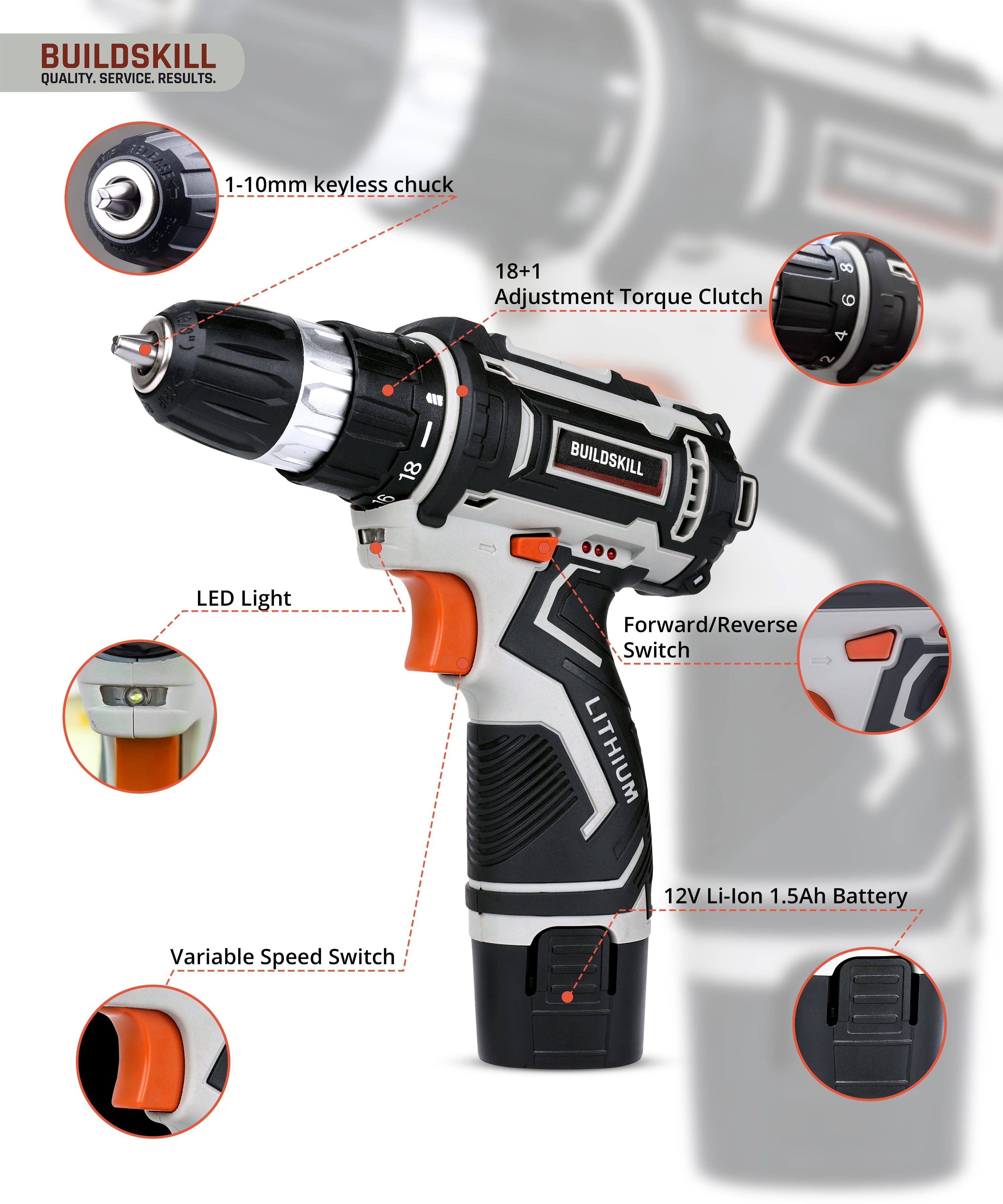 Buildskill 12V Cordless Drill Machine (2 x 1.5Ah Batteries)