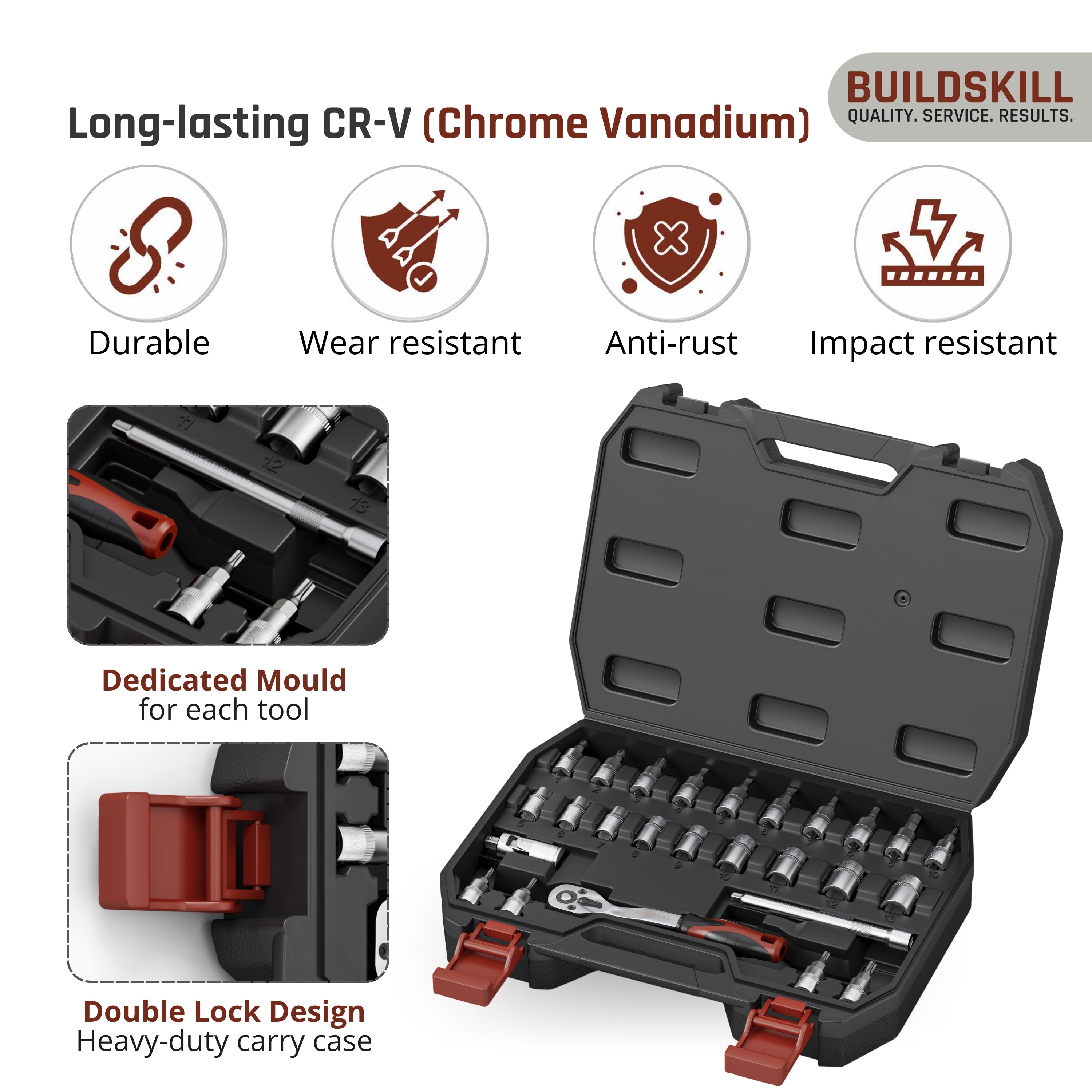 BUILDSKILL 1/4 inch socket set | 26 piece - heavy duty CR-V material | 4" extension bar | bits | quick release reversible ratchet | TPR anti-slip grip | socket wrench set for car & bicycle repairing
