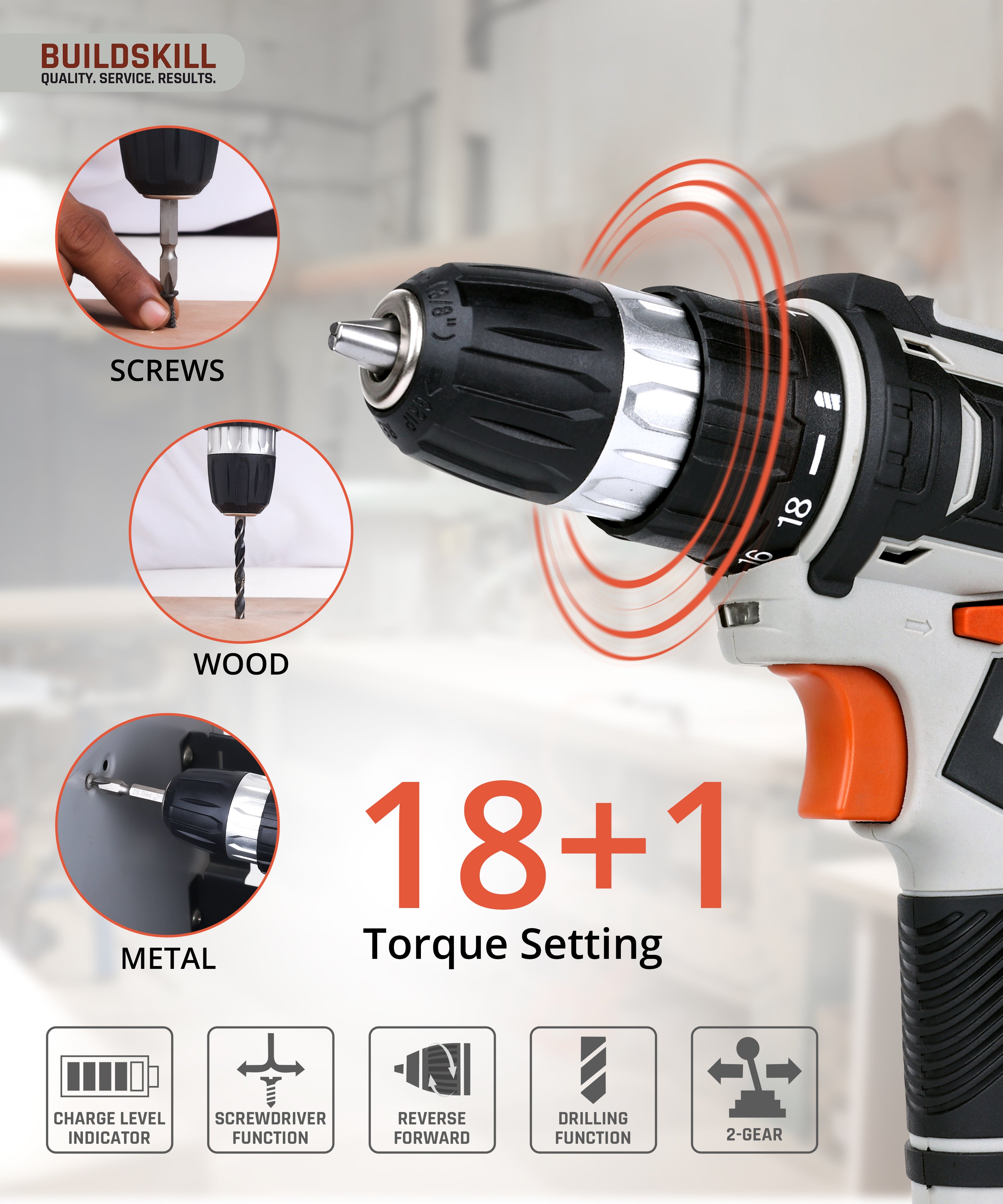 Buildskill 12V Cordless Drill Machine (2 x 1.5Ah Batteries)