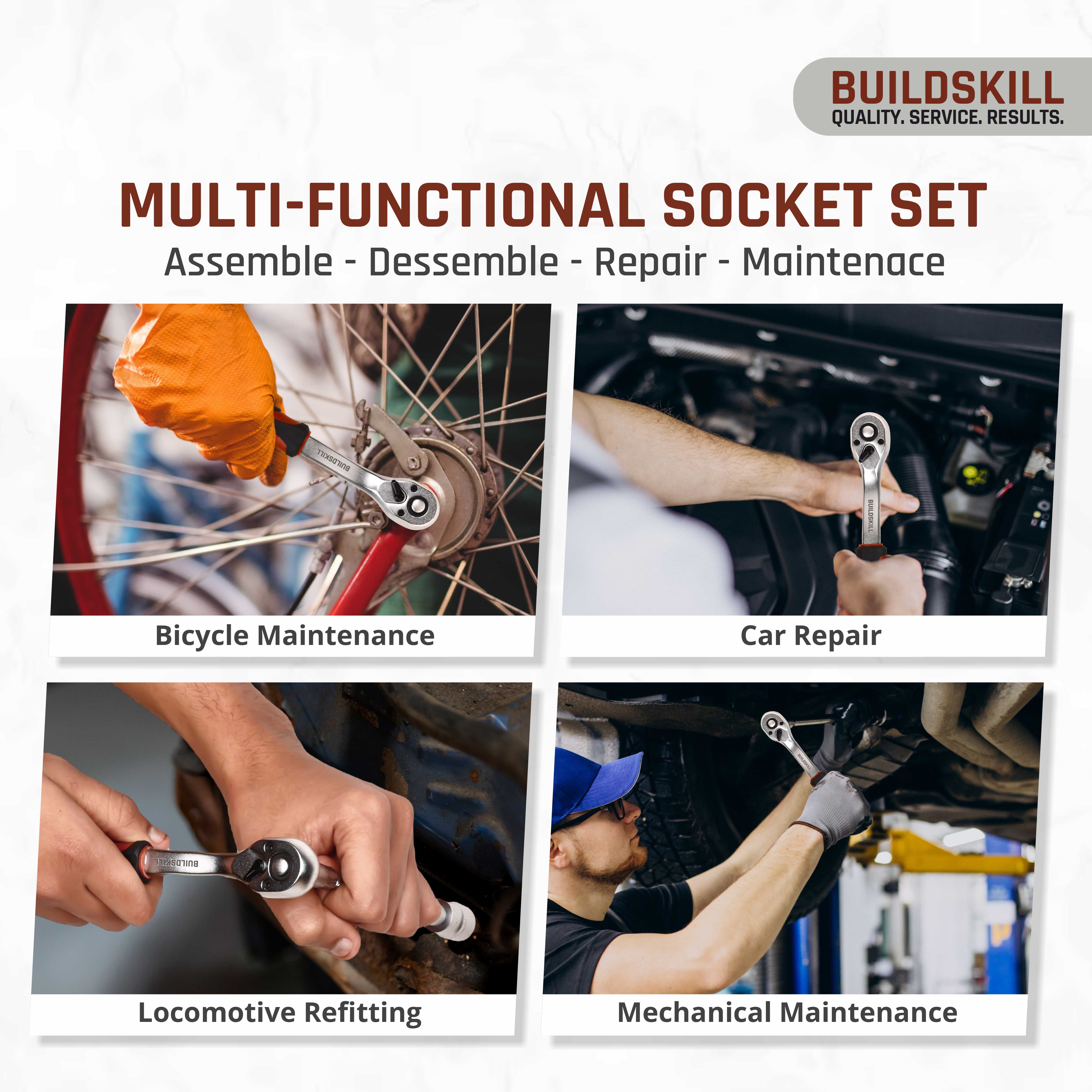 BUILDSKILL 3/8 inch socket set | 23 piece - heavy duty CR-V material | 3" & 6" extension bar | quick release reversible ratchet | TPR anti-slip grip | socket wrench set for car & bicycle repairing