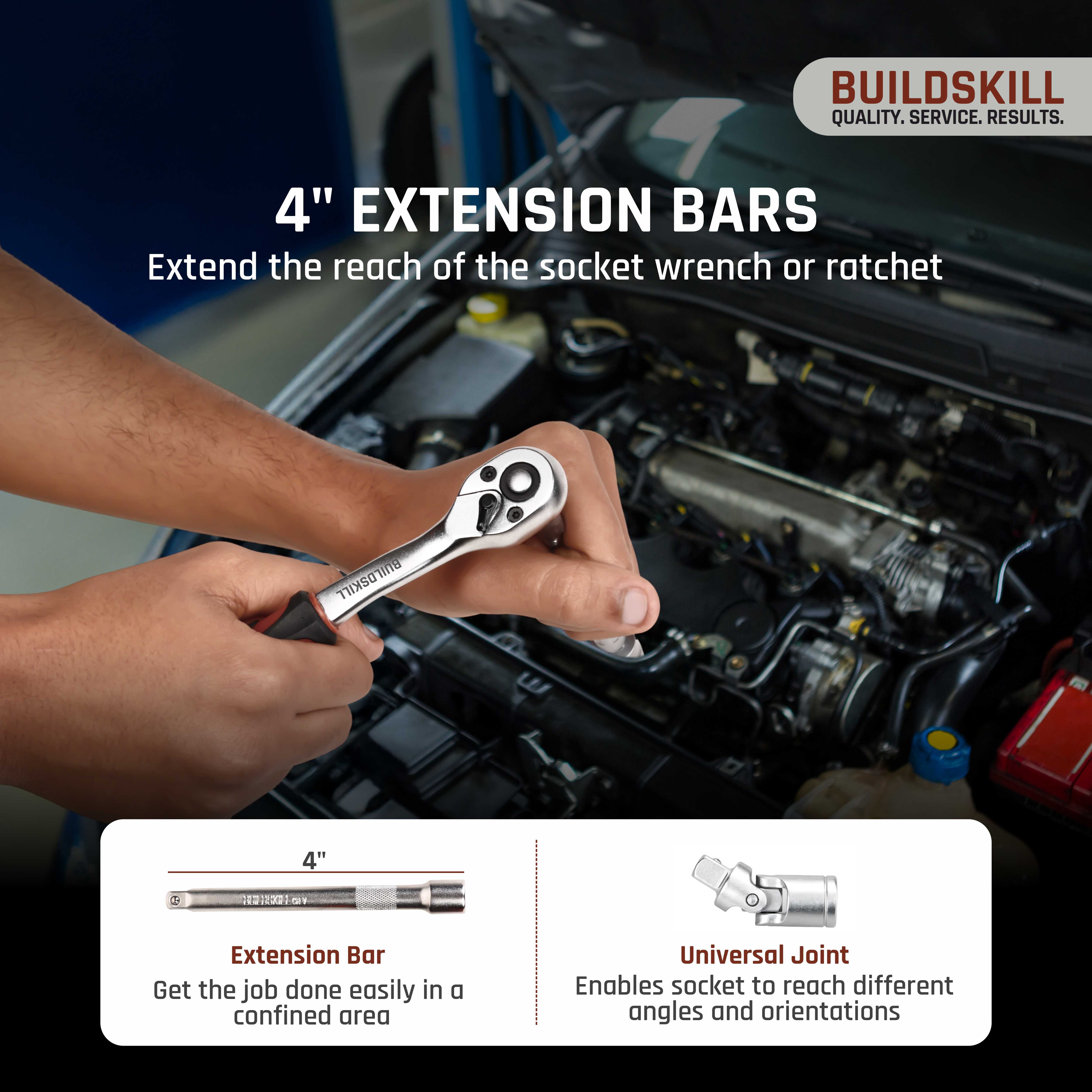 BUILDSKILL 1/4 inch socket set | 26 piece - heavy duty CR-V material | 4" extension bar | bits | quick release reversible ratchet | TPR anti-slip grip | socket wrench set for car & bicycle repairing