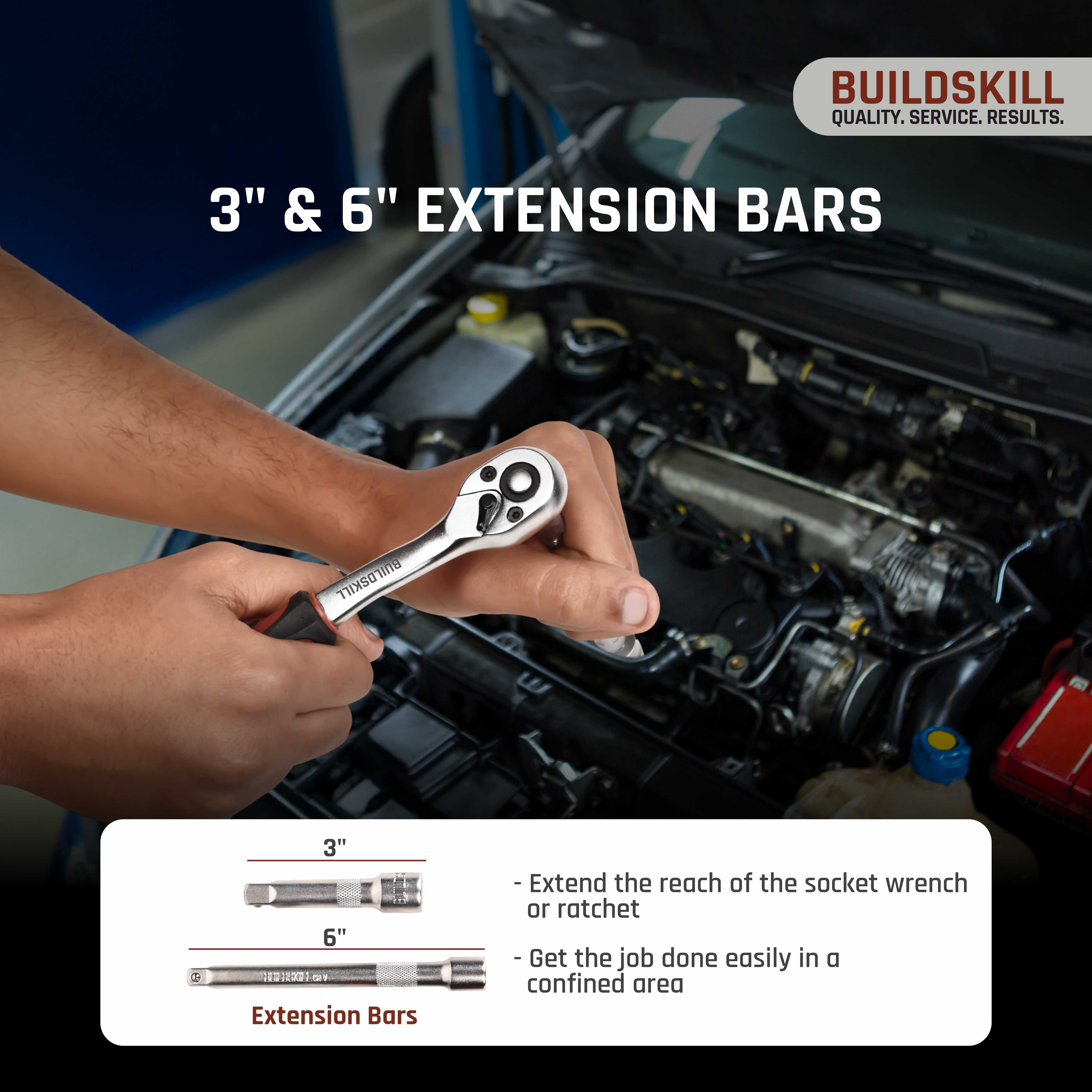 BUILDSKILL 3/8 inch socket set | 23 piece - heavy duty CR-V material | 3" & 6" extension bar | quick release reversible ratchet | TPR anti-slip grip | socket wrench set for car & bicycle repairing