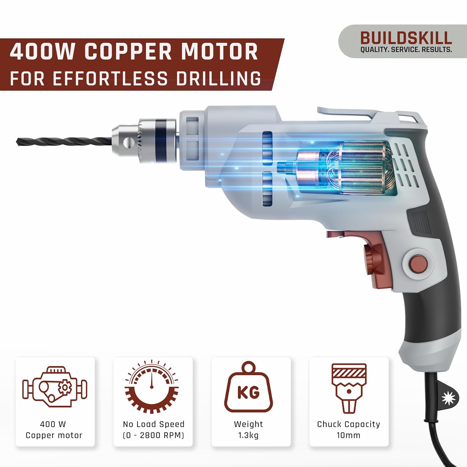 BUILDSKILL 400W Electric Drill Machine | 10MM Metal Chuck | 0-2800RPM Variable Speed | Forward-Reverse | Copper Motor | 7 Bits Set Electric Drill Machine for Wall Drilling | 1.8m Cable | Spirit Level