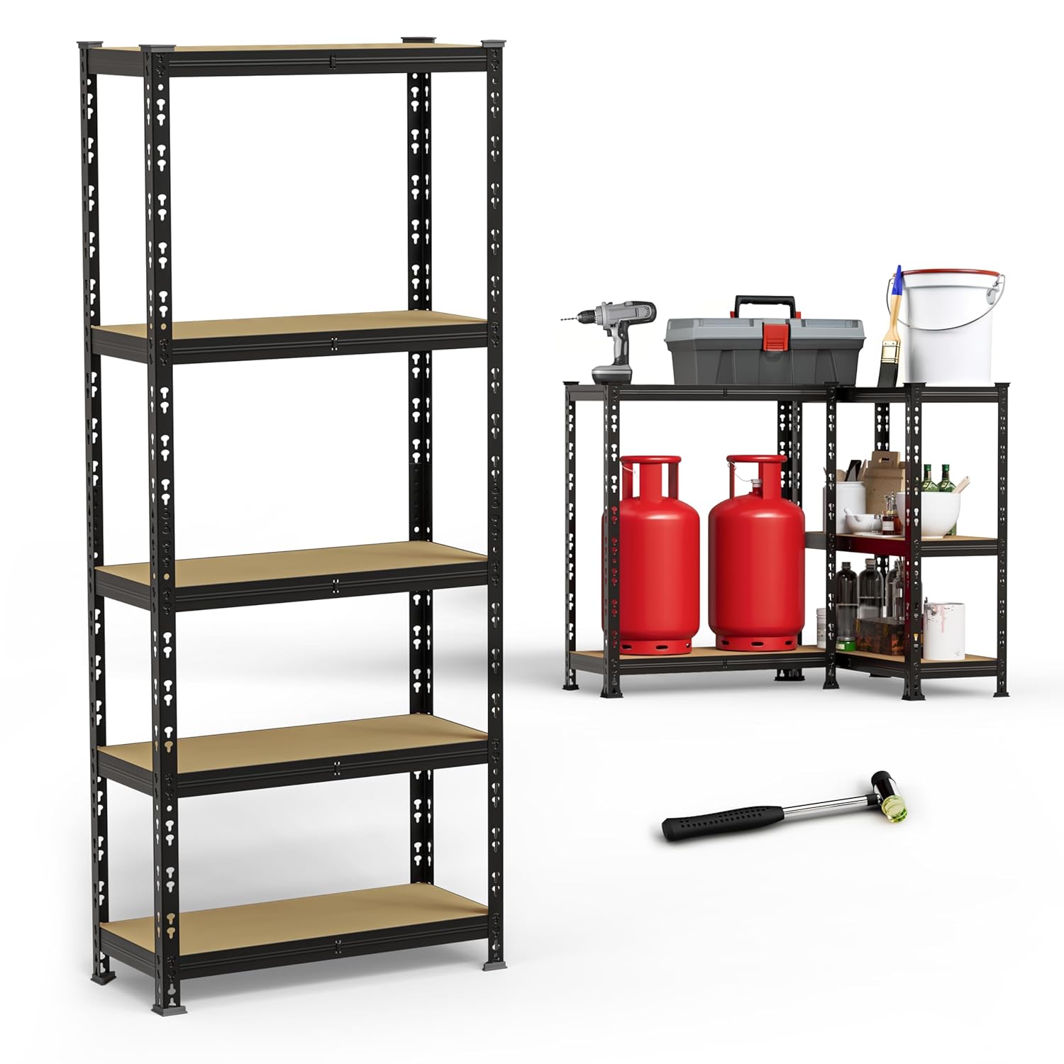 BUILDSKILL 5-Tier Multipurpose Storage Rack | Bolt-Free Assembly | Black Powder-Coated Galvanized Metal | Thick MDF Board | 175Kg Capacity Per Shelf | 170x70x30cm Adjustable Shelf Rack for Home & Shop