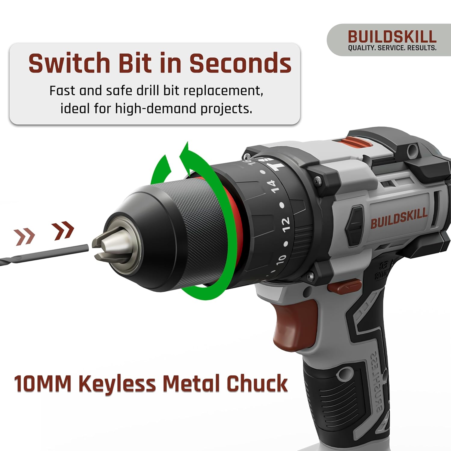 BUILDSKILL 21V BLDC Cordless Drilling Machine | Copper Motor | Impact & Drill | 2-Speed 400/1400 RPM | 10mm Metal Keyless Chuck | 1.5Ah Battery | LED Light | Forward-Reverse | Professional & DIY Use