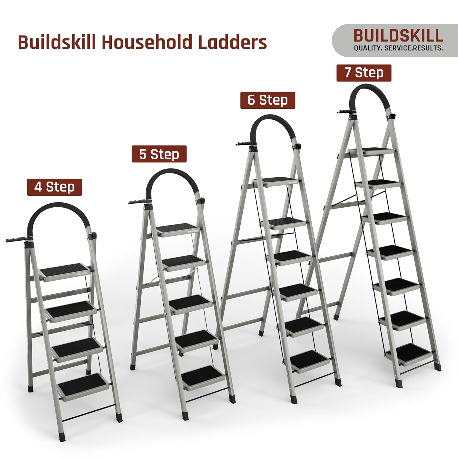 BUILDSKILL Ladder for Home 6 Steps Foldable with Built-in Tool Tray | Heavy Duty D Shape Rods | 20 x 30cm Large Platform | Wide Rubber Feet | Secure Lock | 150Kg Capacity - 5 Years Warranty