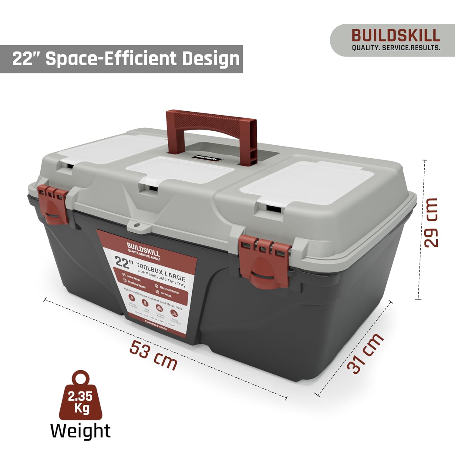 BUILDSKILL 22" Large Tool Box for Home | Convenient Top Lids & Removable Tool Tray | Secure Latch Lock | Key Hole | Heavy Duty Impact Resistant Body | Ideal Repair Toolbox for DIY & Professional Use