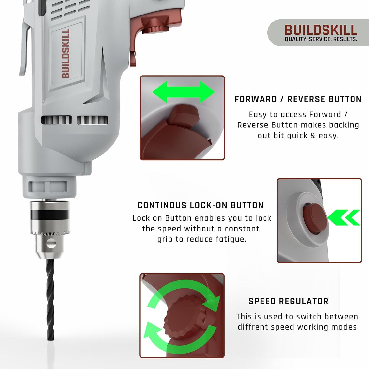 BUILDSKILL 400W Electric Drill Machine | 10MM Metal Chuck | 0-2800RPM Variable Speed | Forward-Reverse | Copper Motor | 7 Bits Set Electric Drill Machine for Wall Drilling | 1.8m Cable | Spirit Level