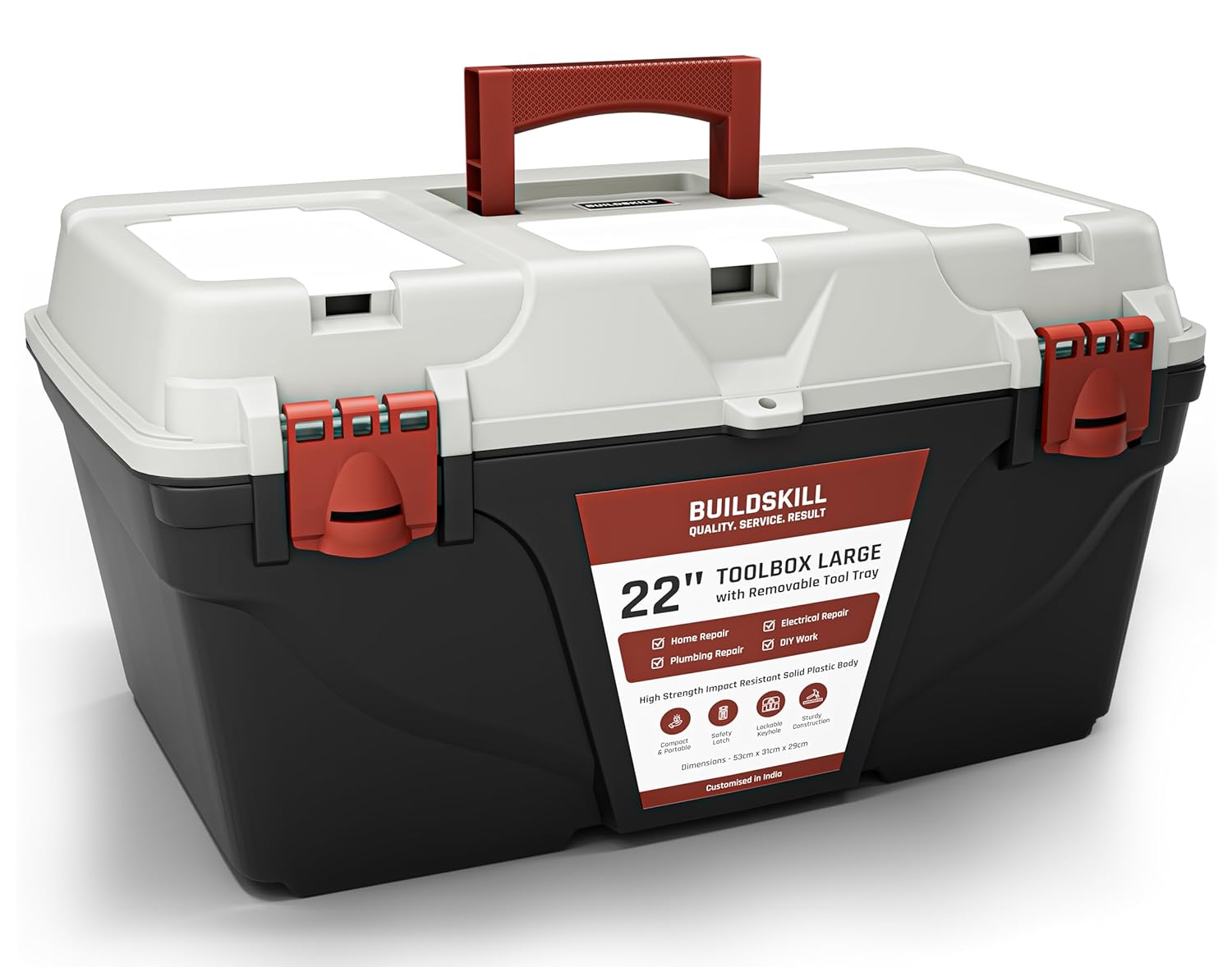 BUILDSKILL 22" Large Tool Box for Home | Convenient Top Lids & Removable Tool Tray | Secure Latch Lock | Key Hole | Heavy Duty Impact Resistant Body | Ideal Repair Toolbox for DIY & Professional Use