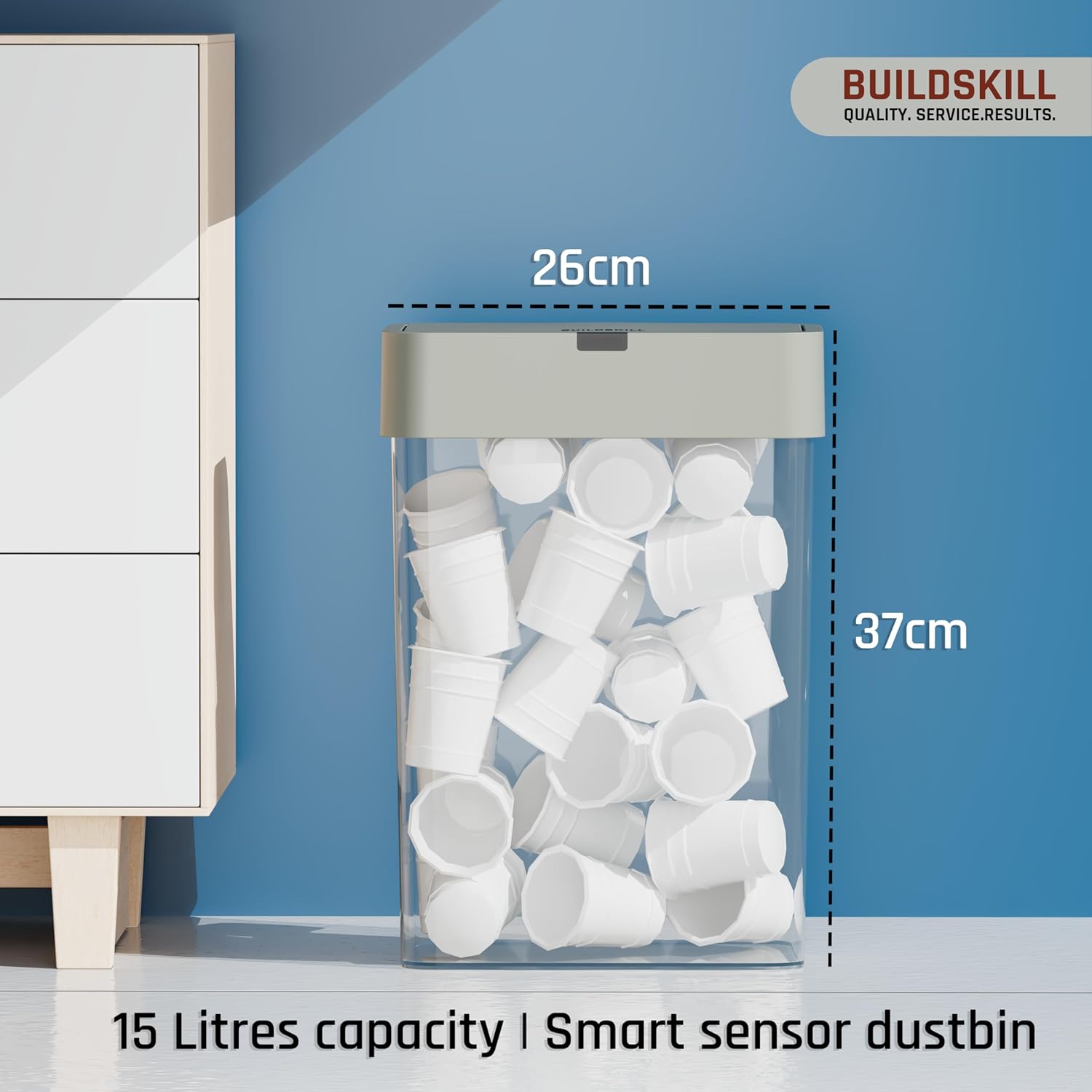 BUILDSKILL 15 Litre Smart Sensor Dustbin for Home | IPX5 Waterproof | 360° Odour Lock | Soft Close & Open | ABS Body | Compact Size | Convenient & Hygienic | Touchless Smart Dustbin for Home (Grey)