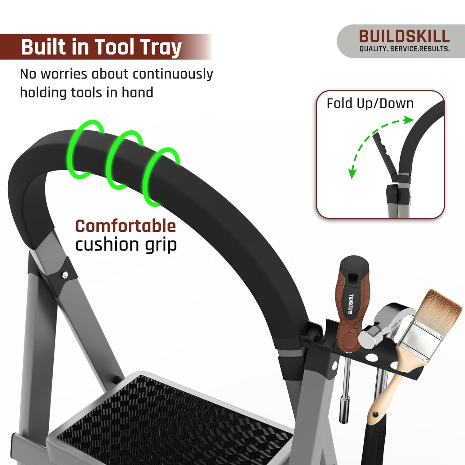 BUILDSKILL Ladder for Home 7 Steps Foldable with Built-in Tool Tray | Heavy Duty D Shape Rods | 20 x 30cm Large Platform | Wide Rubber Feet | Secure Lock | 150Kg Capacity - 5 Years Warranty