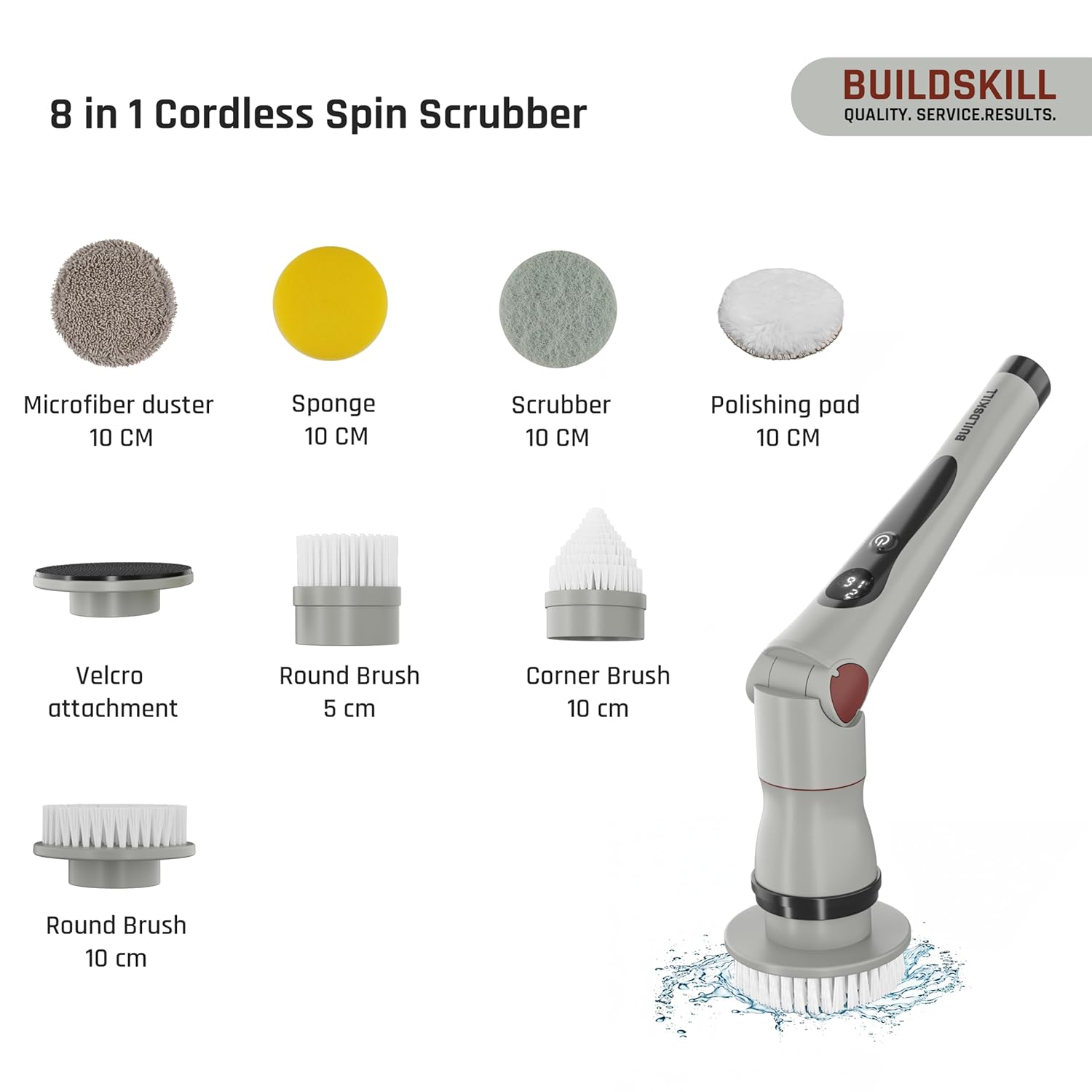 BUILDSKILL 8 in 1 Electric Spin Scrubber with LED Display | IPX6 Waterproof | 3 Speeds | 4 Angles | Telescopic SS Handle | 2.5Ah | C-Type | Tiles, Slabs, Windows & Bathroom Cleaning Brush Electric