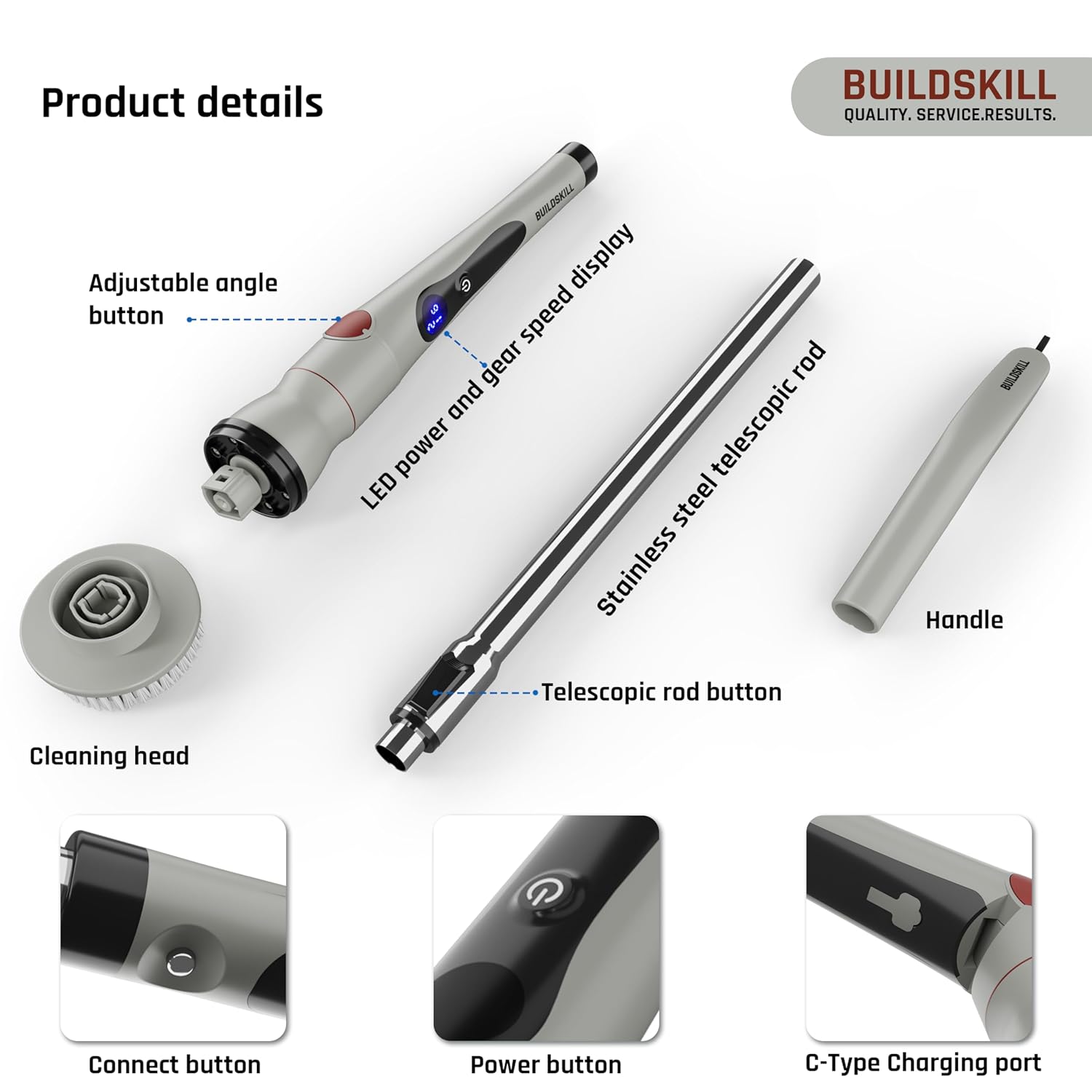 BUILDSKILL 8 in 1 Electric Spin Scrubber with LED Display | IPX6 Waterproof | 3 Speeds | 4 Angles | Telescopic SS Handle | 2.5Ah | C-Type | Tiles, Slabs, Windows & Bathroom Cleaning Brush Electric