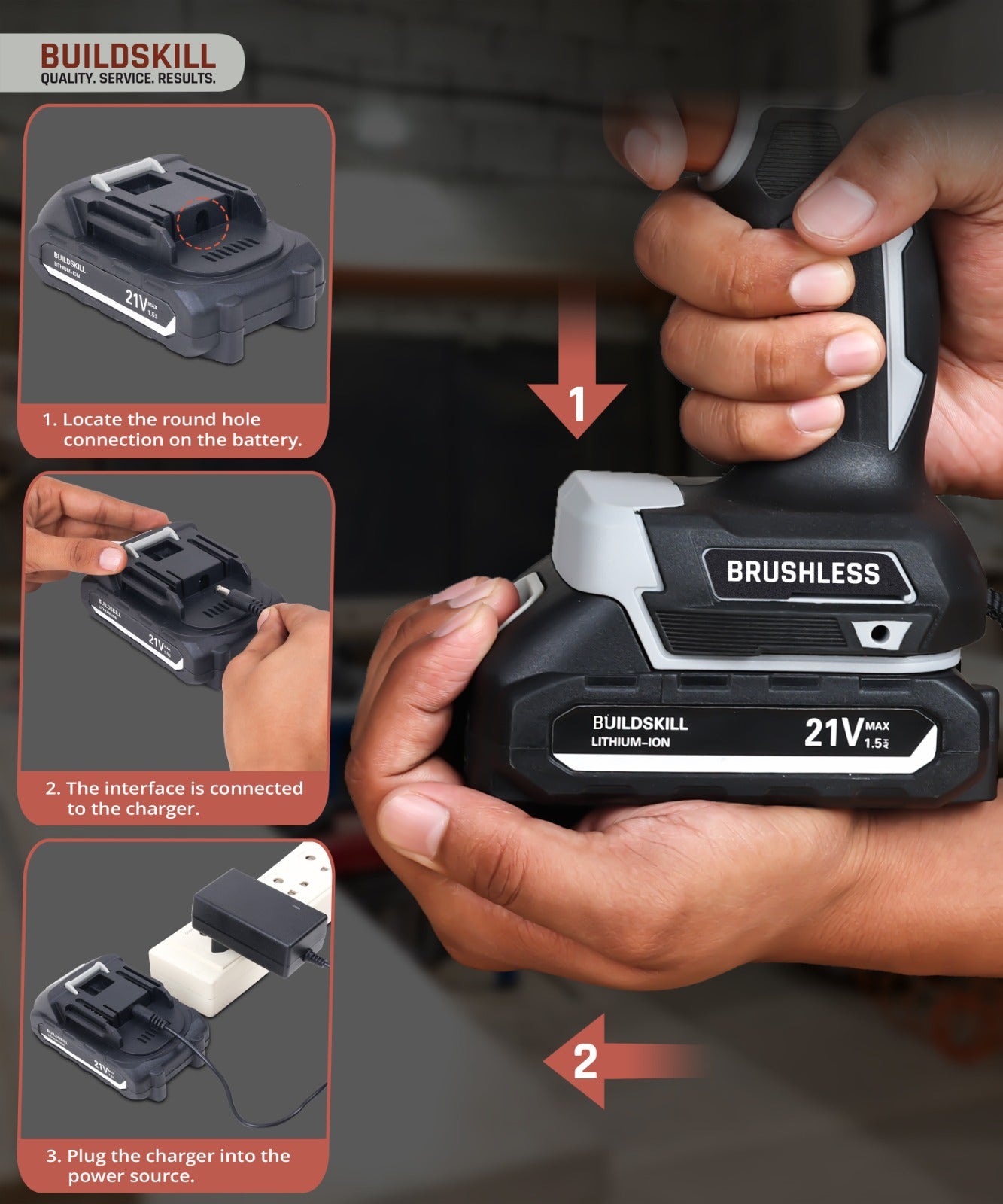 Buildskill 21V Brushless Cordless Impact Drill Machine With BMC Kit