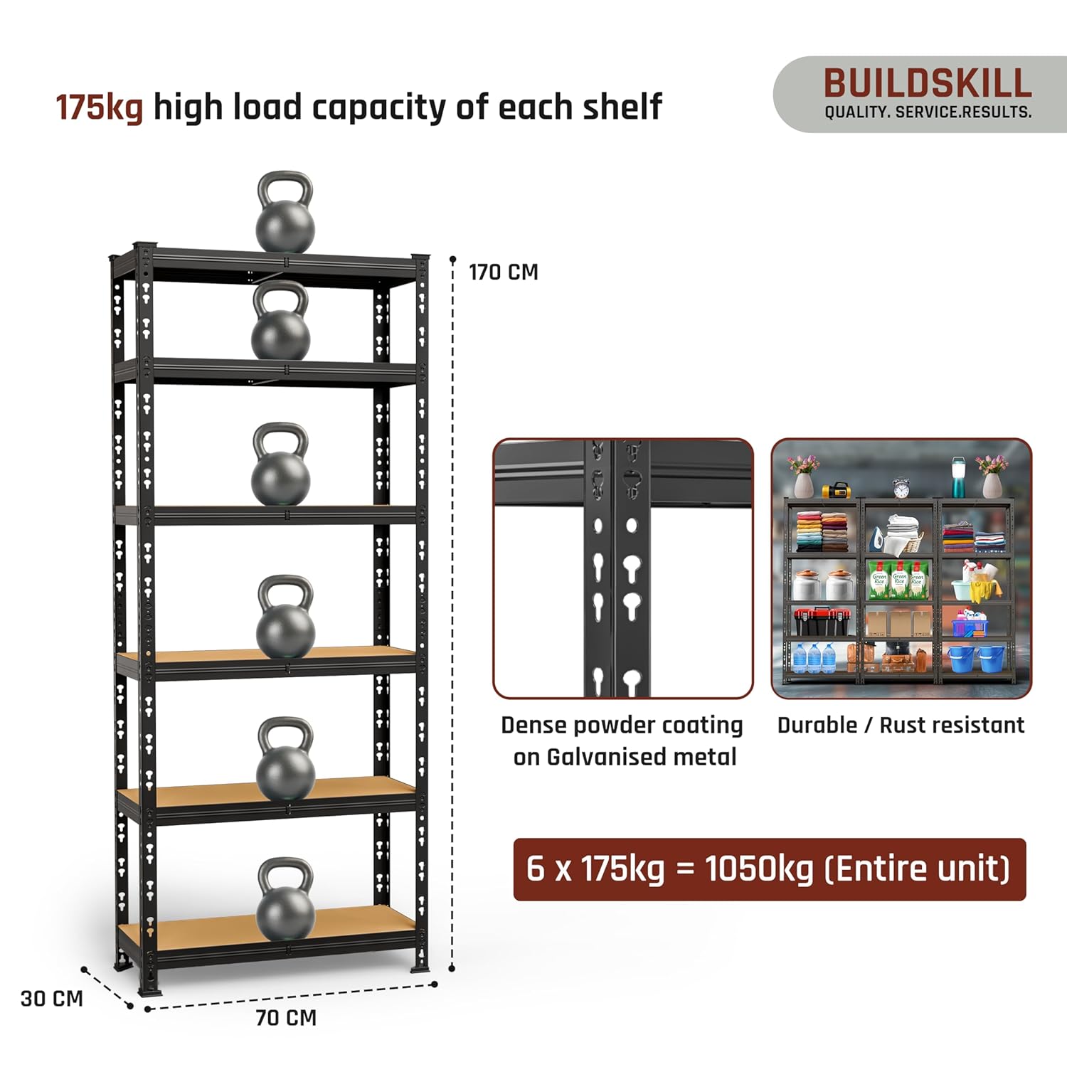 BUILDSKILL 6-Tier Multipurpose Storage Rack | Bolt-Free Assembly | Black Powder-Coated Galvanized Metal | Thick MDF Board | 175Kg Capacity Per Shelf | 170x70x30cm Adjustable Shelf Rack for Home & Shop