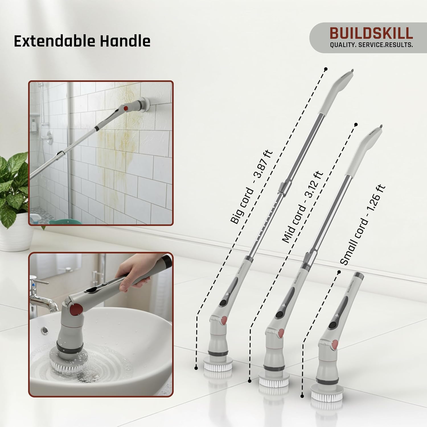 BUILDSKILL 13 in 1 Advanced Electric Spin Scrubber with LED Display | IPX6 Waterproof | 3 Speeds | 4 Angles | Telescopic SS Handle | 2.5Ah Type-C| Tiles, Slabs, Car & Bathroom Cleaning Brush Electric