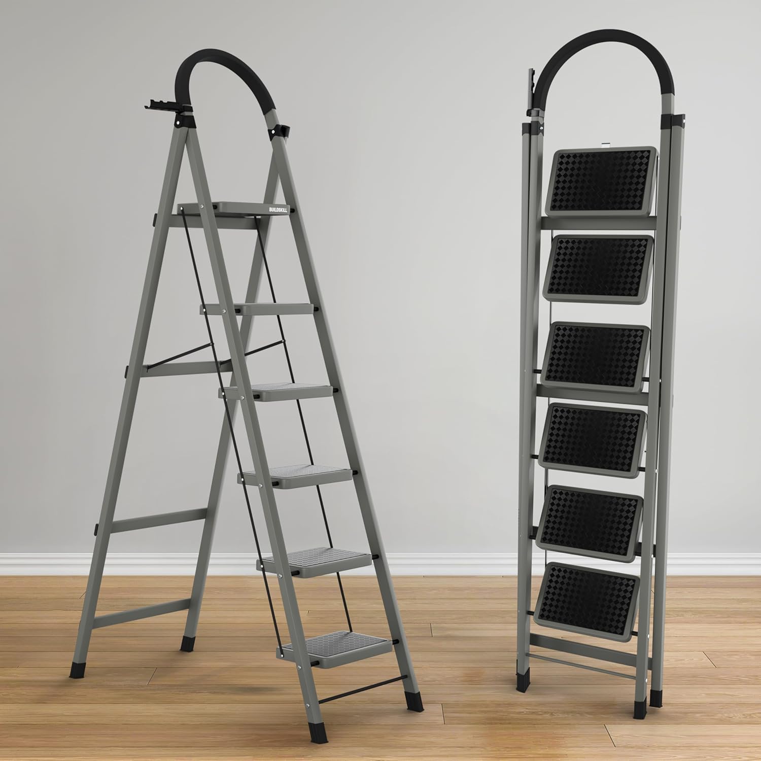 BUILDSKILL Ladder for Home 6 Steps Foldable with Built-in Tool Tray | Heavy Duty D Shape Rods | 20 x 30cm Large Platform | Wide Rubber Feet | Secure Lock | 150Kg Capacity - 5 Years Warranty