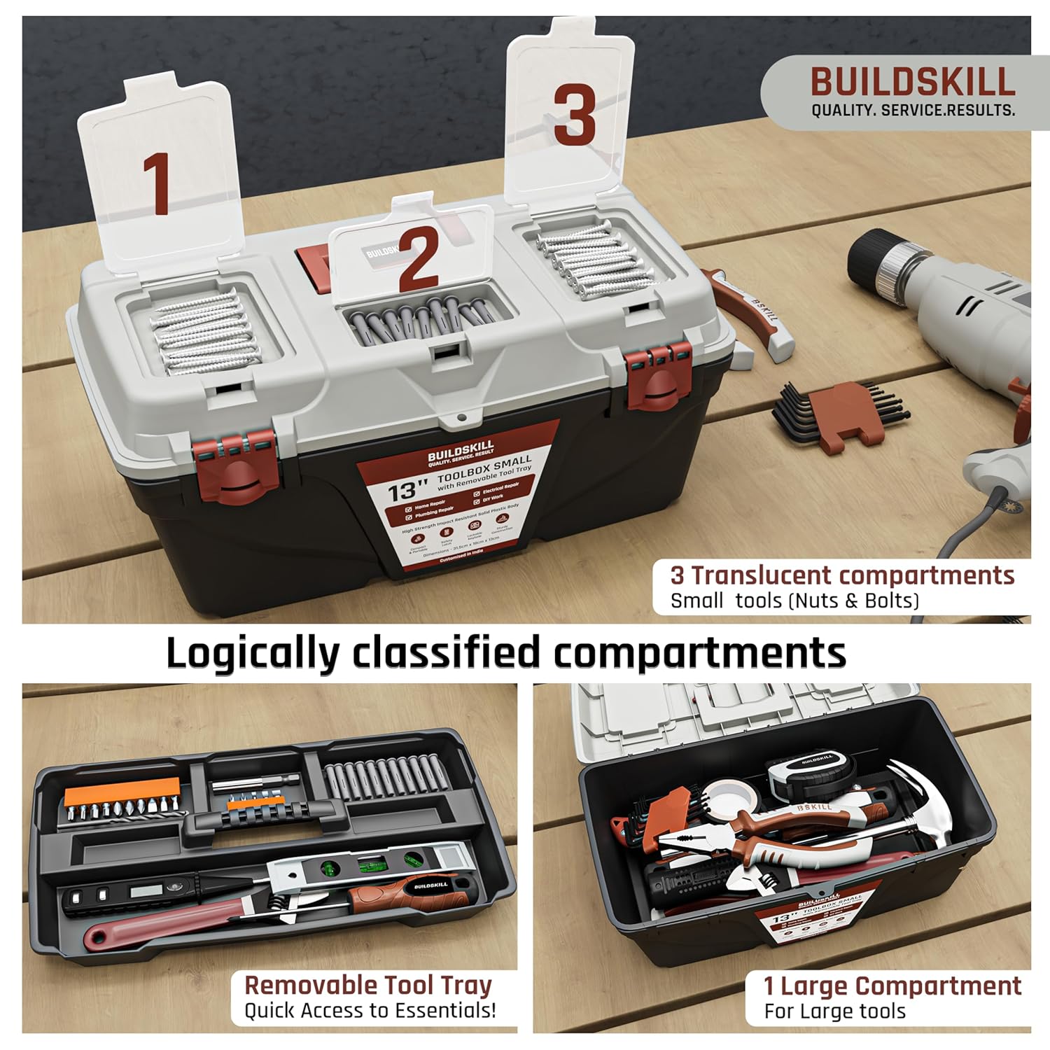 BUILDSKILL 13" Small Tool Box for Home | Convenient Top Lids & Removable Tool Tray | Secure Latch Lock | Key Hole | Heavy Duty Impact Resistant Body | Ideal Repair Toolbox for DIY & Professional Use