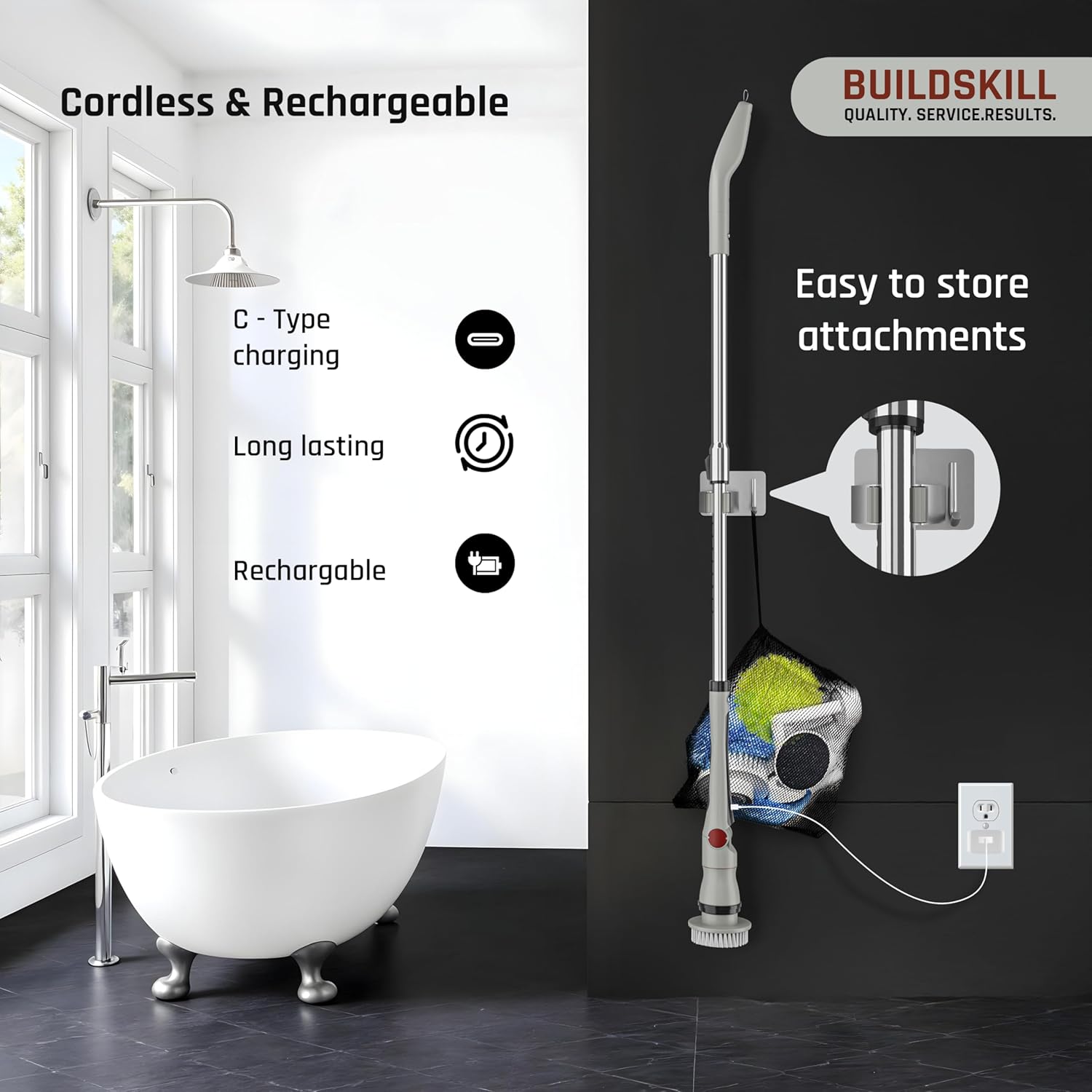 BUILDSKILL 13 in 1 Advanced Electric Spin Scrubber with LED Display | IPX6 Waterproof | 3 Speeds | 4 Angles | Telescopic SS Handle | 2.5Ah Type-C| Tiles, Slabs, Car & Bathroom Cleaning Brush Electric