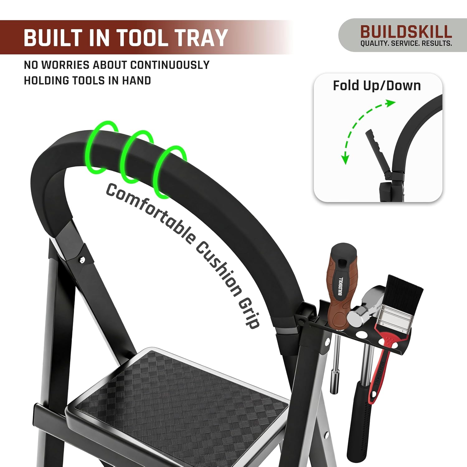 BUILDSKILL Black 6 Step Ladder for Home Use with Built-in Tool Tray | Heavy Duty D Shape Rods | 20 x 30 cm Large Step with Rubber Pad | Secure Lock | 150Kg Capacity Foldable Ladder - 5 Years Warranty