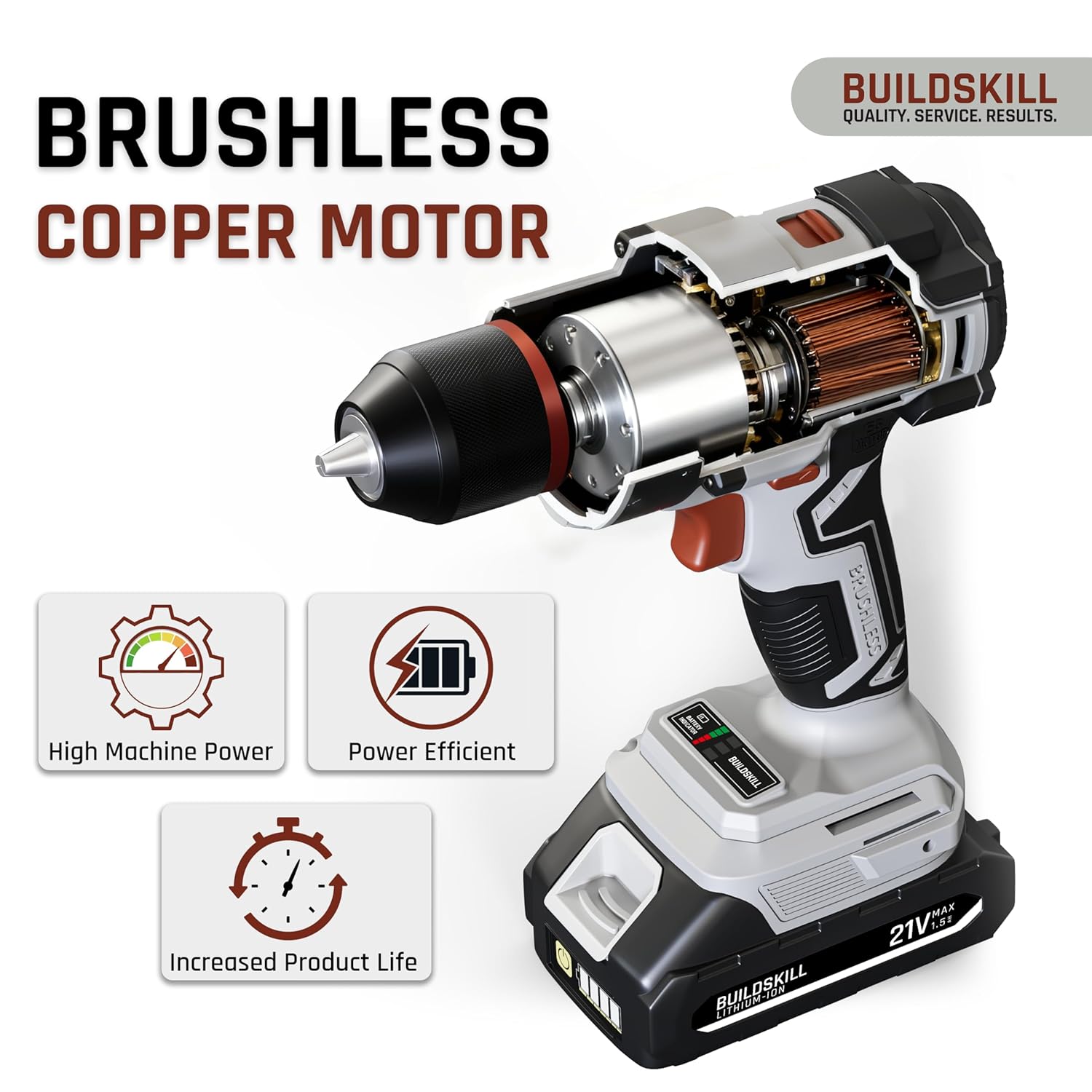 BUILDSKILL 21V BLDC Cordless Drilling Machine | 40NM Torque | Copper Motor | Impact & Drill | 2-Speed 400/1400 RPM | 10mm Metal Keyless Chuck | 1.5Ah Battery | Forward-Reverse | Professional & DIY Use