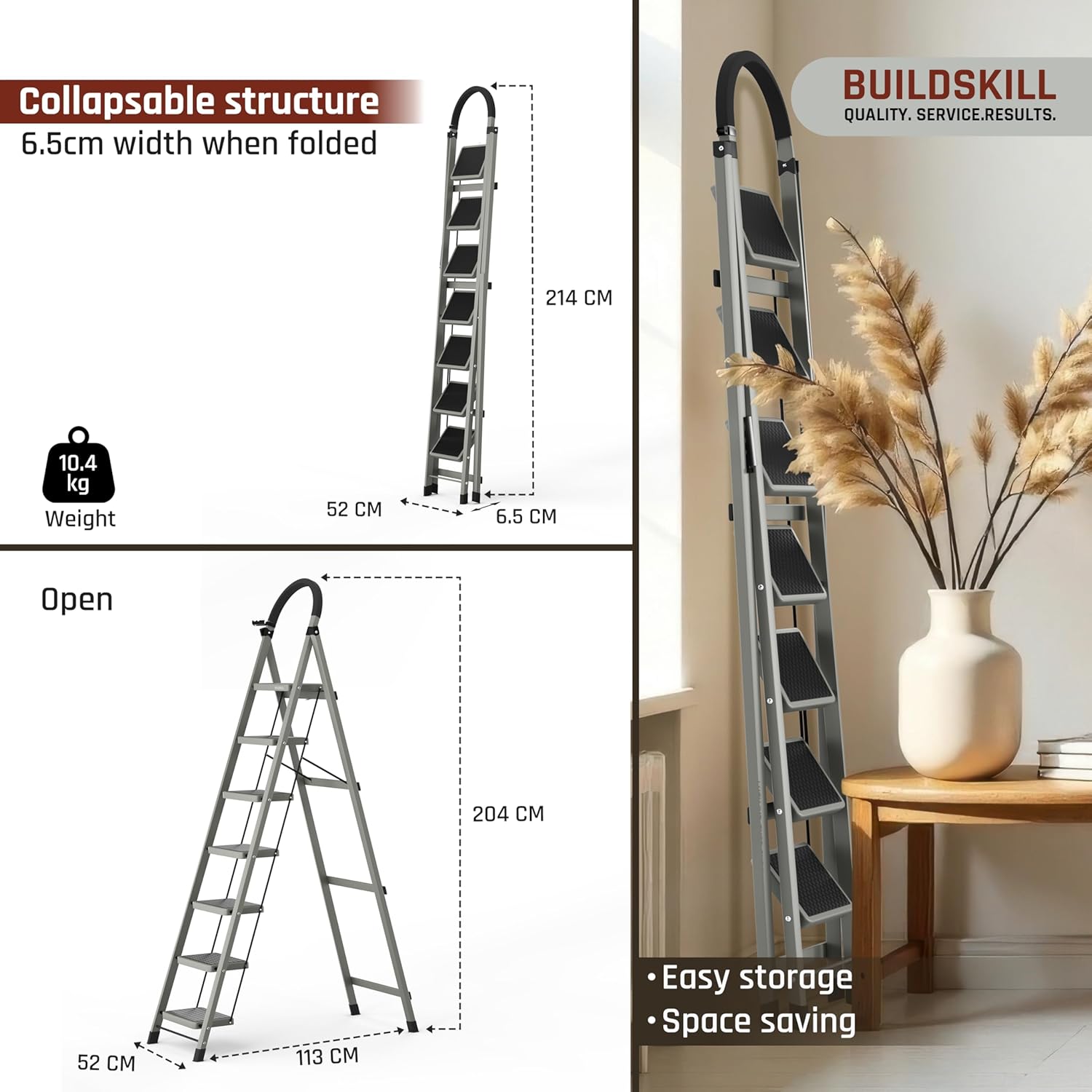 BUILDSKILL Ladder for Home 7 Steps Foldable with Built-in Tool Tray | Heavy Duty D Shape Rods | 20 x 30cm Large Platform | Wide Rubber Feet | Secure Lock | 150Kg Capacity - 5 Years Warranty