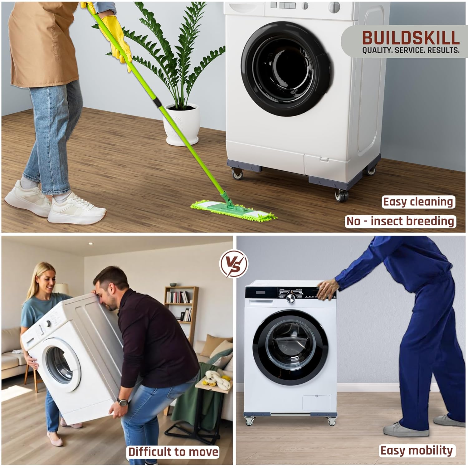 BUILDSKILL 200Kg Washing Machine Stand Adjustable | SS Tubes | 360° Rotating Double Wheels with Lock | Absorbs Vibration | Anti-Skid Top & Front Load Washing Machine Trolley (Grey)
