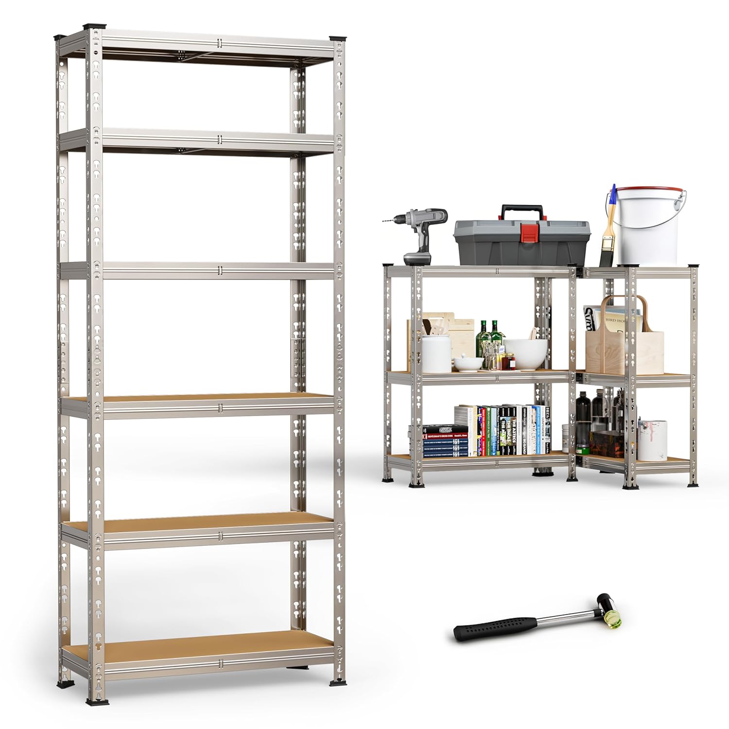 BUILDSKILL 6-Tier Multipurpose Storage Rack | Bolt-Free Assembly | Galvanized Metal | Thick MDF Board | 175Kg Capacity Per Shelf | 170x70x30cm Adjustable Shelf Rack for Home, Garage & Shop | Silver
