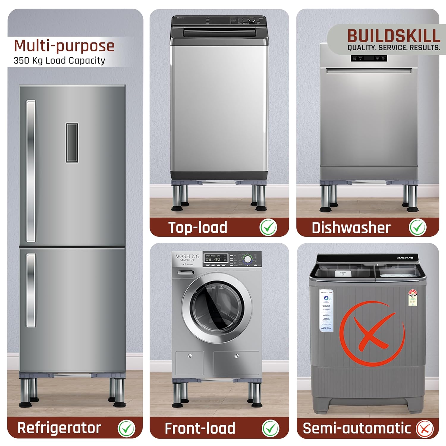 BUILDSKILL 350kg Load Capacity Washing Machine Stand Adjustable | Spirit Level | Anti-Vibration Mats | Dual SS Tubes | Legs with Rubber Pads | Without Wheels Height Stand for Washing Machine (Grey)