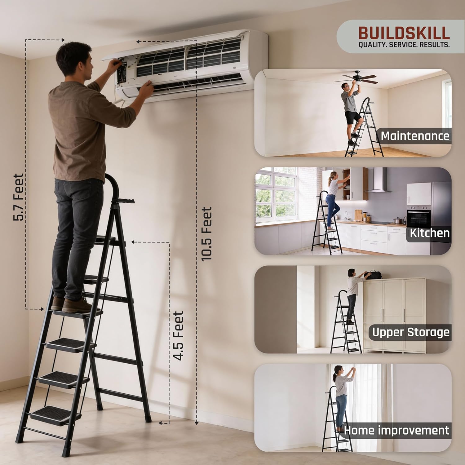 BUILDSKILL Black 6 Step Ladder for Home Use with Built-in Tool Tray | Heavy Duty D Shape Rods | 20 x 30 cm Large Step with Rubber Pad | Secure Lock | 150Kg Capacity Foldable Ladder - 5 Years Warranty