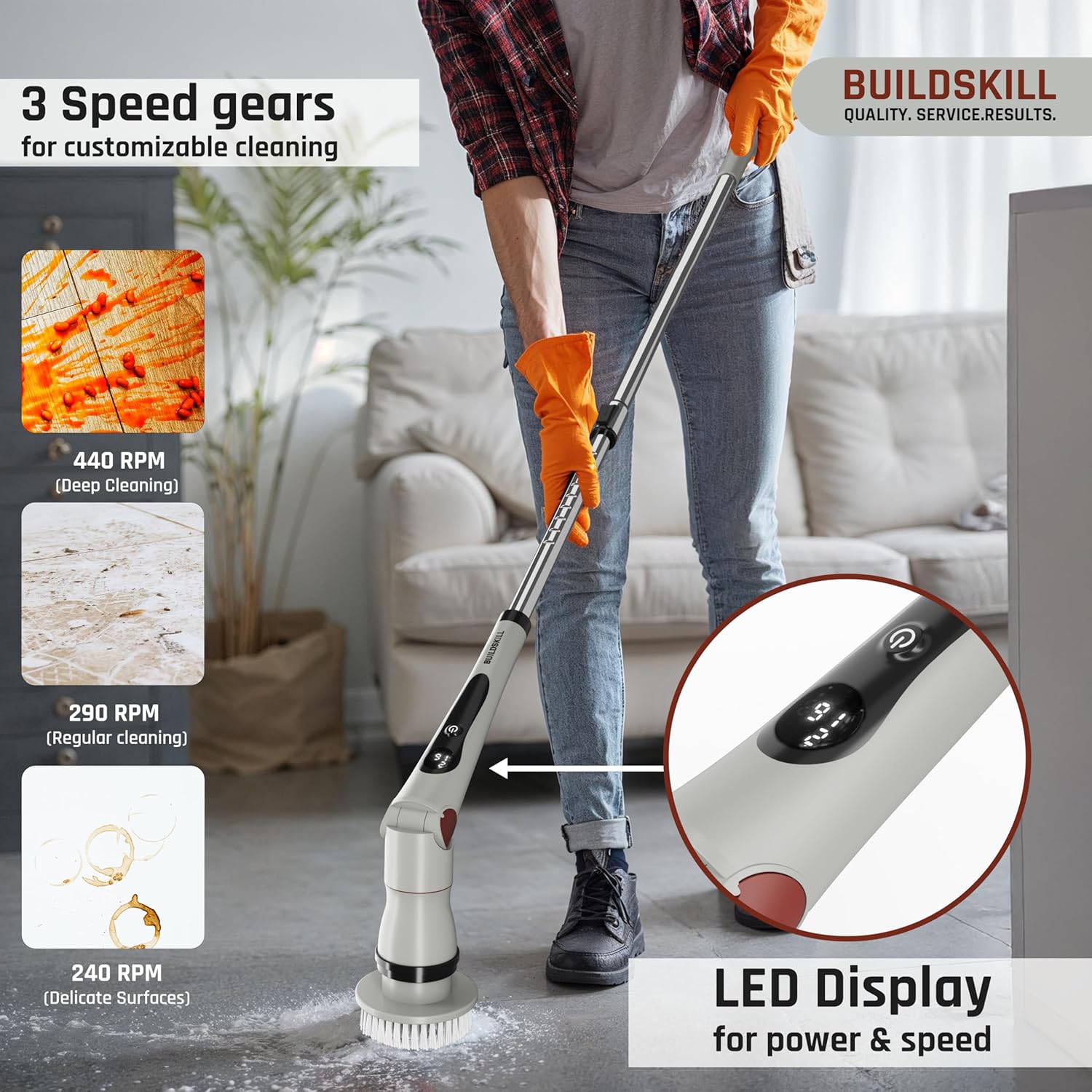 BUILDSKILL 8 in 1 Electric Spin Scrubber with LED Display | IPX6 Waterproof | 3 Speeds | 4 Angles | Telescopic SS Handle | 2.5Ah | C-Type | Tiles, Slabs, Windows & Bathroom Cleaning Brush Electric