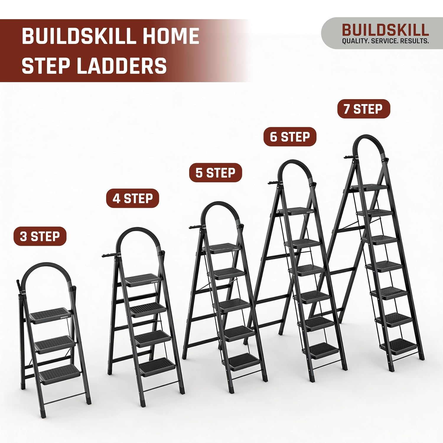 BUILDSKILL Black 6 Step Ladder for Home Use with Built-in Tool Tray | Heavy Duty D Shape Rods | 20 x 30 cm Large Step with Rubber Pad | Secure Lock | 150Kg Capacity Foldable Ladder - 5 Years Warranty