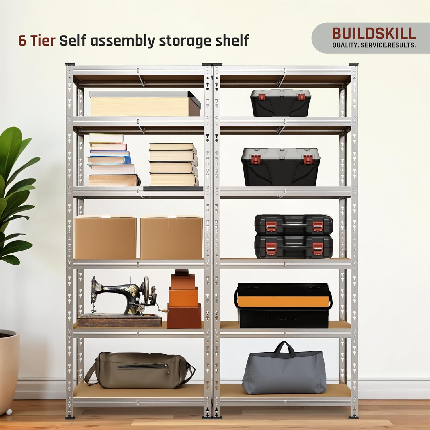 BUILDSKILL 6-Tier Multipurpose Storage Rack | Bolt-Free Assembly | Galvanized Metal | Thick MDF Board | 175Kg Capacity Per Shelf | 170x70x30cm Adjustable Shelf Rack for Home, Garage & Shop | Silver