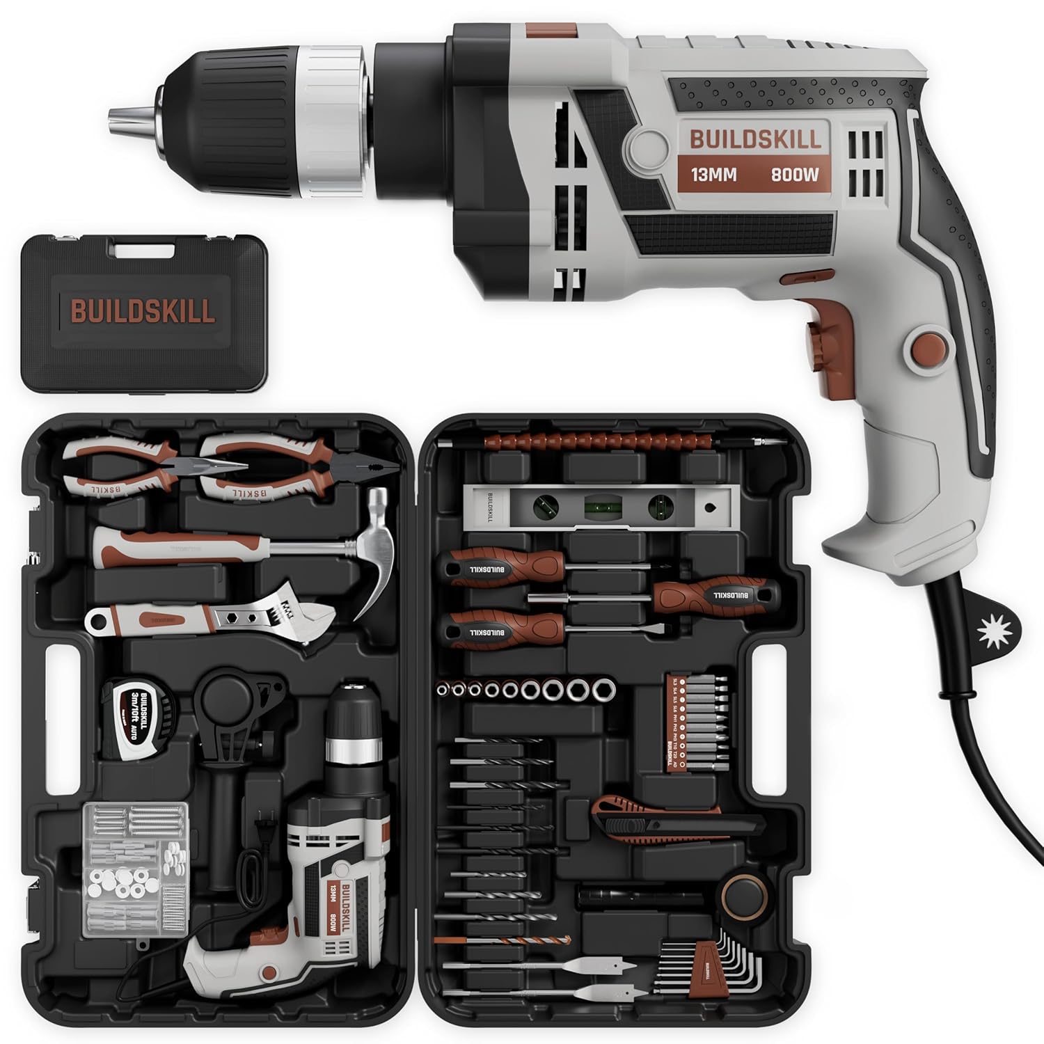 BUILDSKILL 163 PCs 800W Corded Electric Drill Toolkit | 3300 RPM | 48000 BPM Impact Rate | Copper Motor | 13mm Keyless Chuck Drill Machine for Wall Drilling | Forward-Reverse | Professional & DIY use