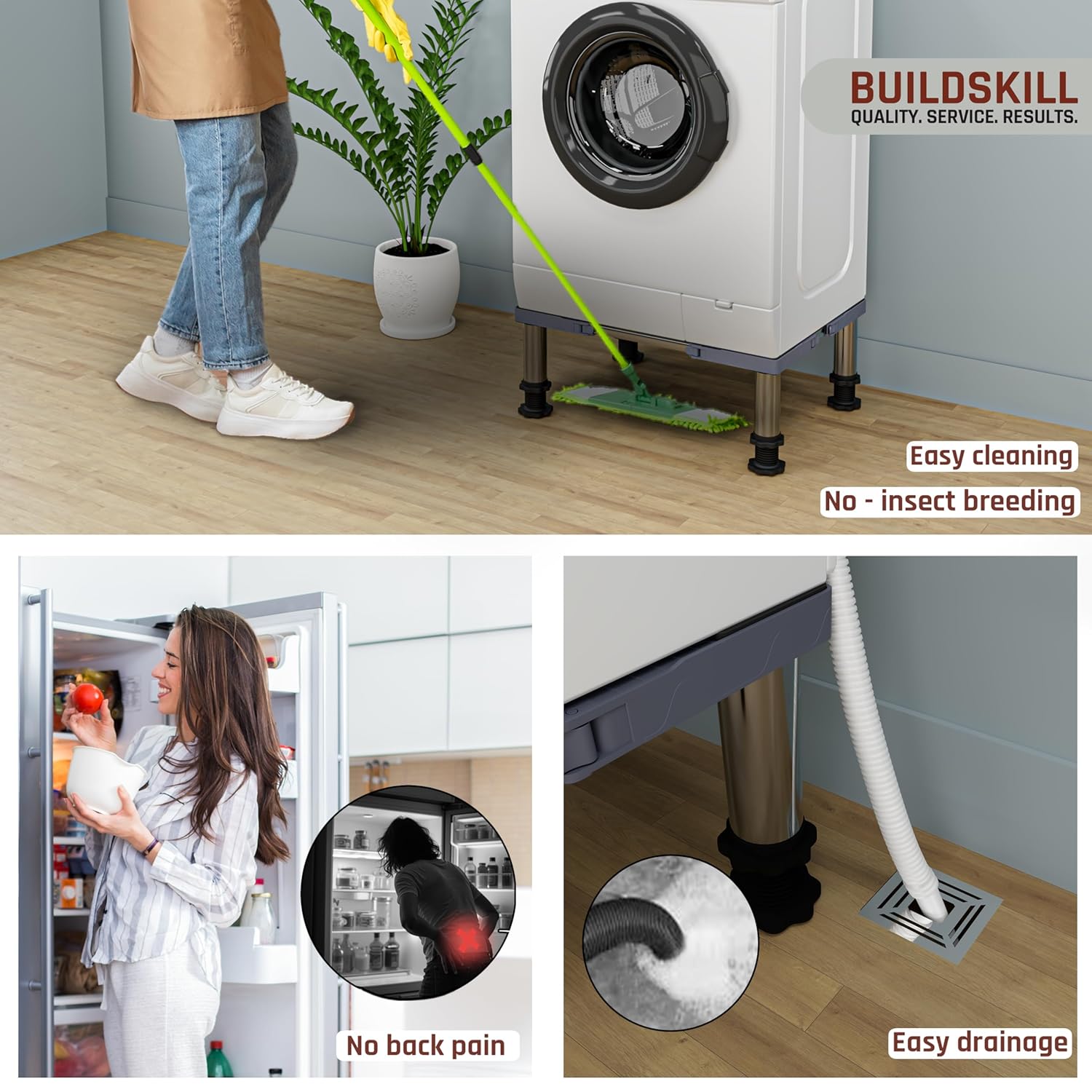 BUILDSKILL 350kg Load Capacity Washing Machine Stand Adjustable | Spirit Level | Anti-Vibration Mats | Dual SS Tubes | Legs with Rubber Pads | Without Wheels Height Stand for Washing Machine (Grey)