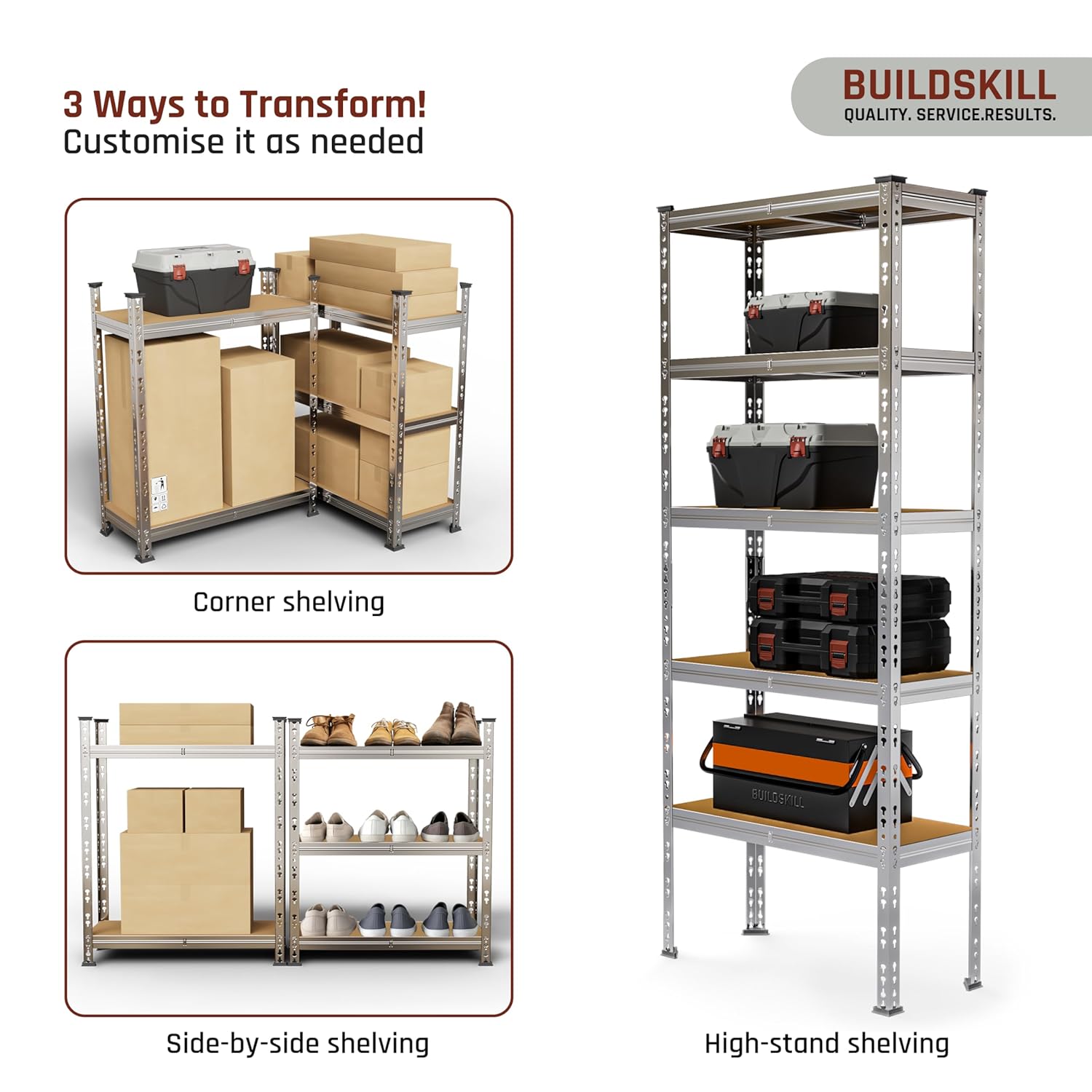 BUILDSKILL 5-Tier Multipurpose Storage Rack | Bolt-Free Assembly | Galvanized Metal | Thick MDF Board | 175kg Capacity Per Shelf | 170x70x30cm Adjustable Shelf Rack for Home, Garage & Shop | Silver