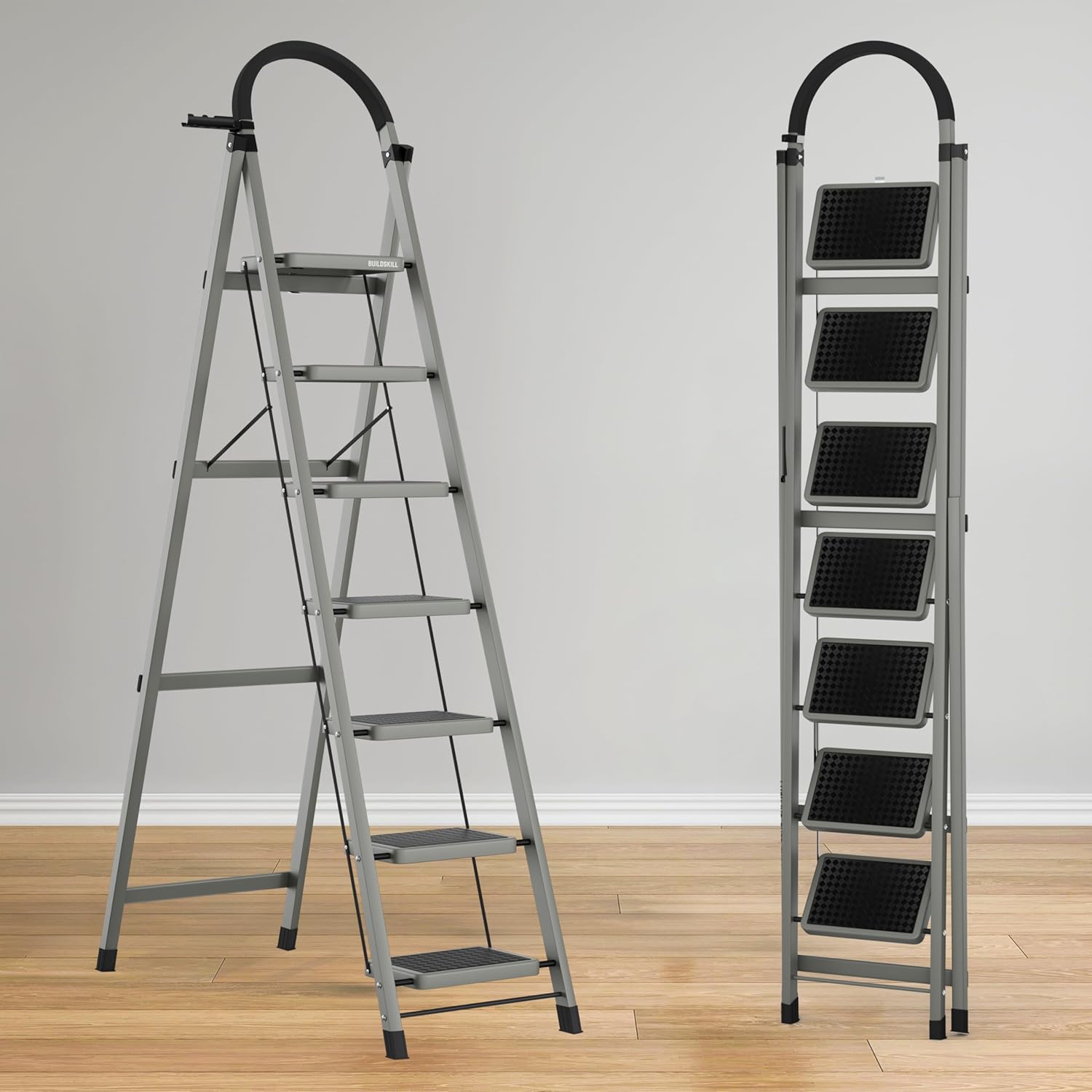 BUILDSKILL Ladder for Home 7 Steps Foldable with Built-in Tool Tray | Heavy Duty D Shape Rods | 20 x 30cm Large Platform | Wide Rubber Feet | Secure Lock | 150Kg Capacity - 5 Years Warranty