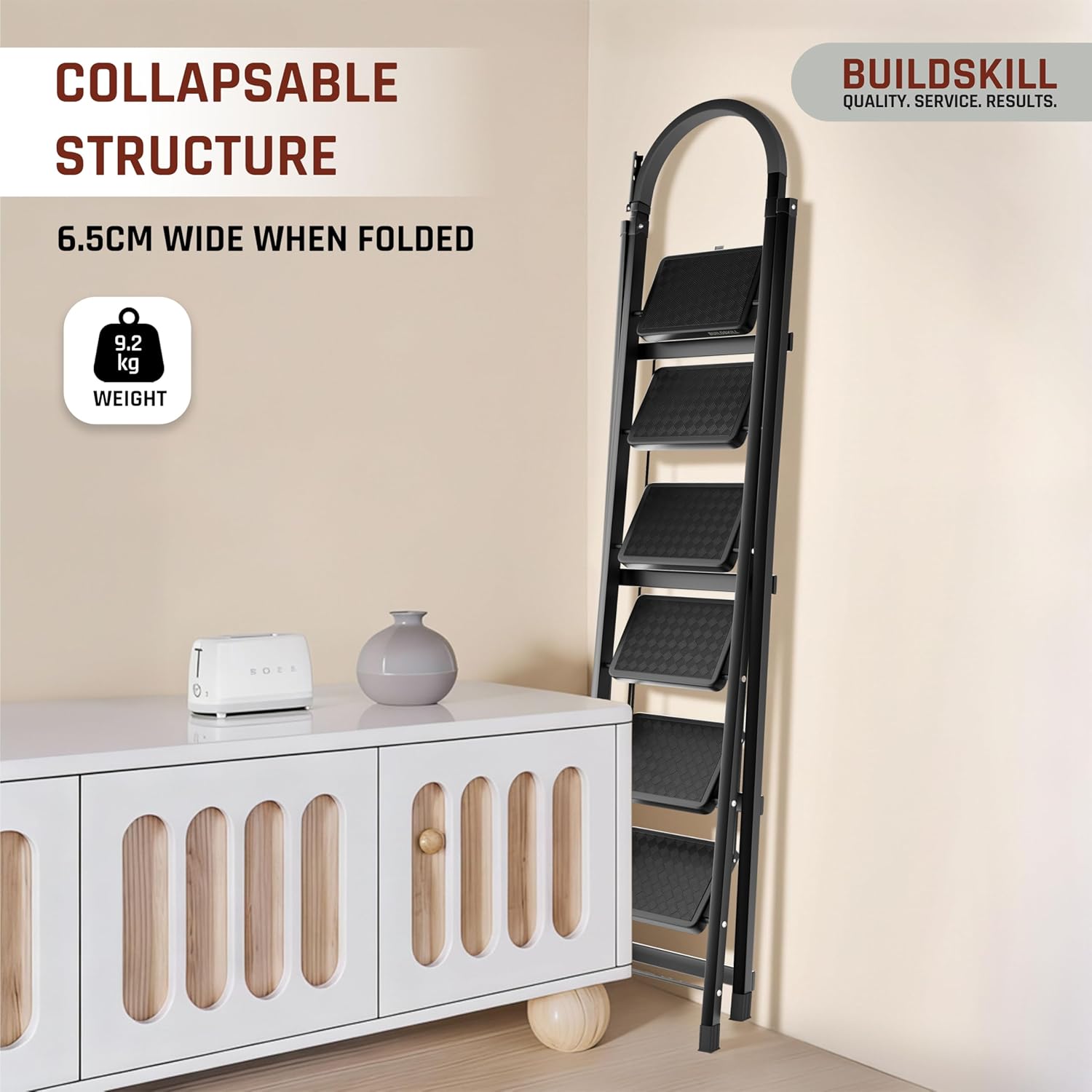 BUILDSKILL Black 6 Step Ladder for Home Use with Built-in Tool Tray | Heavy Duty D Shape Rods | 20 x 30 cm Large Step with Rubber Pad | Secure Lock | 150Kg Capacity Foldable Ladder - 5 Years Warranty