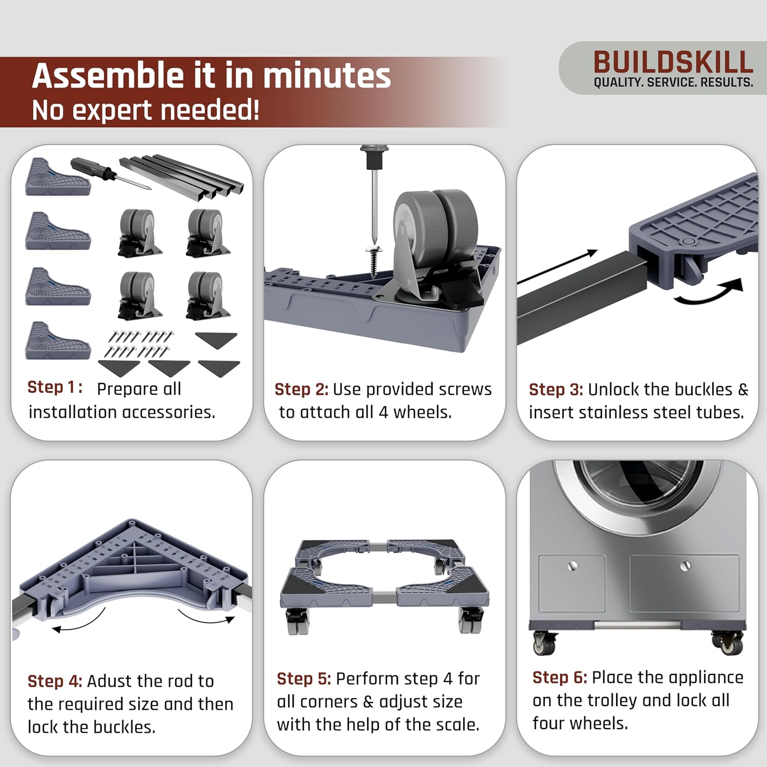 BUILDSKILL 200Kg Washing Machine Stand Adjustable | SS Tubes | 360° Rotating Double Wheels with Lock | Absorbs Vibration | Anti-Skid Top & Front Load Washing Machine Trolley (Grey)