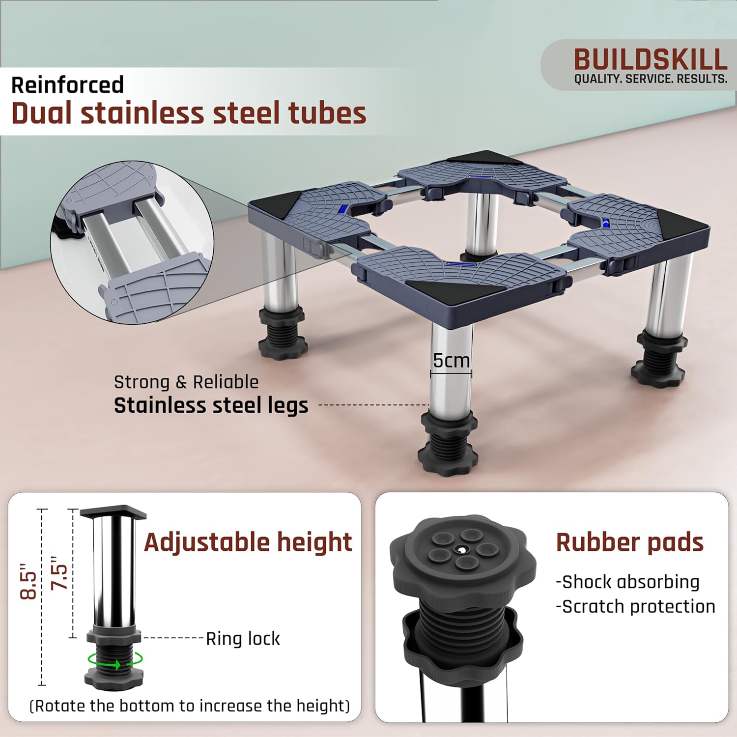 BUILDSKILL 350kg Load Capacity Washing Machine Stand Adjustable | Spirit Level | Anti-Vibration Mats | Dual SS Tubes | Legs with Rubber Pads | Without Wheels Height Stand for Washing Machine (Grey)