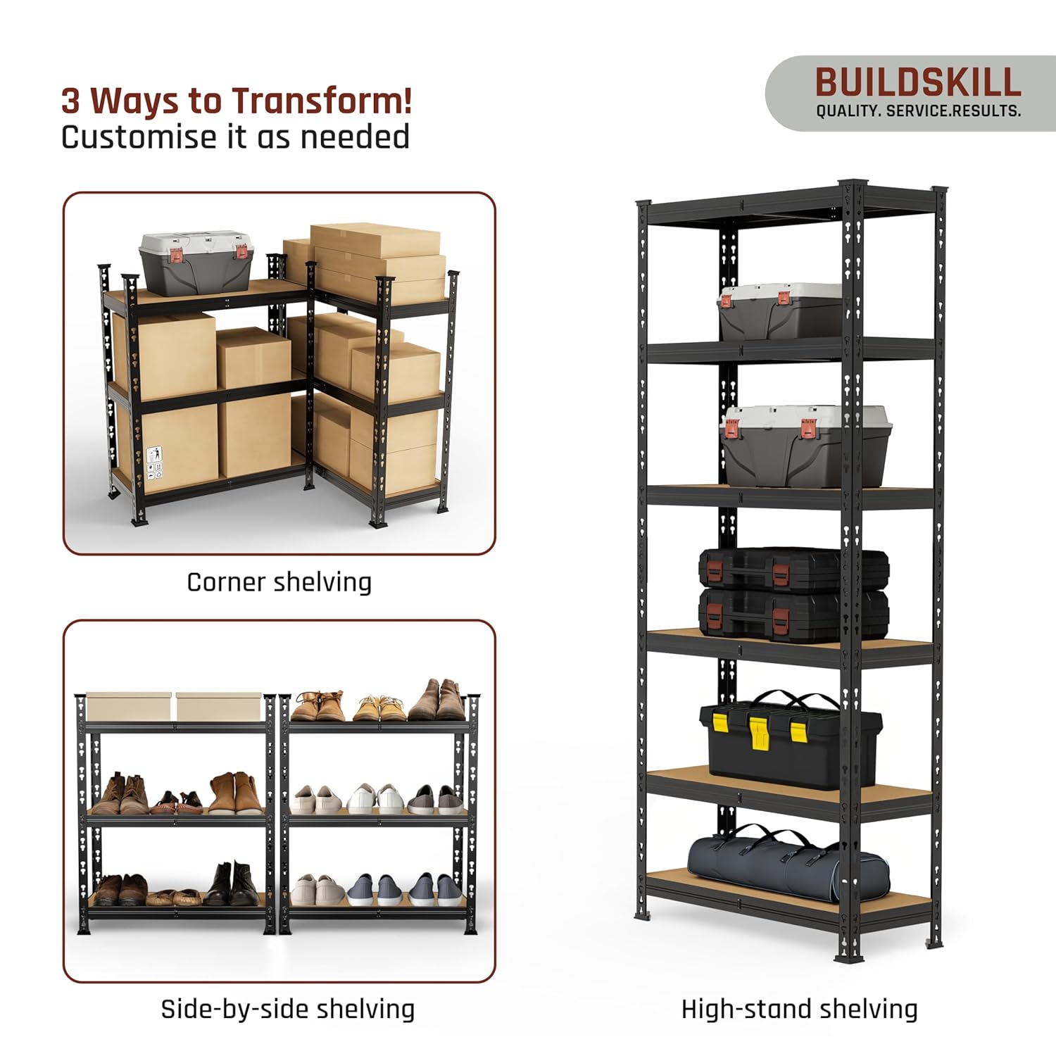 BUILDSKILL 6-Tier Multipurpose Storage Rack | Bolt-Free Assembly | Black Powder-Coated Galvanized Metal | Thick MDF Board | 175Kg Capacity Per Shelf | 170x70x30cm Adjustable Shelf Rack for Home & Shop