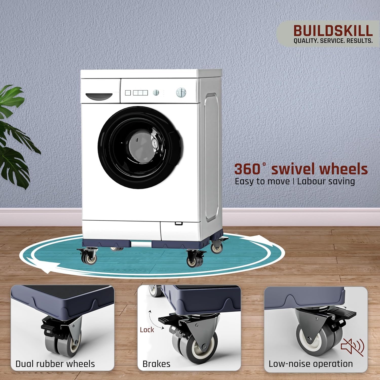 BUILDSKILL 200Kg Washing Machine Stand Adjustable | SS Tubes | 360° Rotating Double Wheels with Lock | Absorbs Vibration | Anti-Skid Top & Front Load Washing Machine Trolley (Grey)