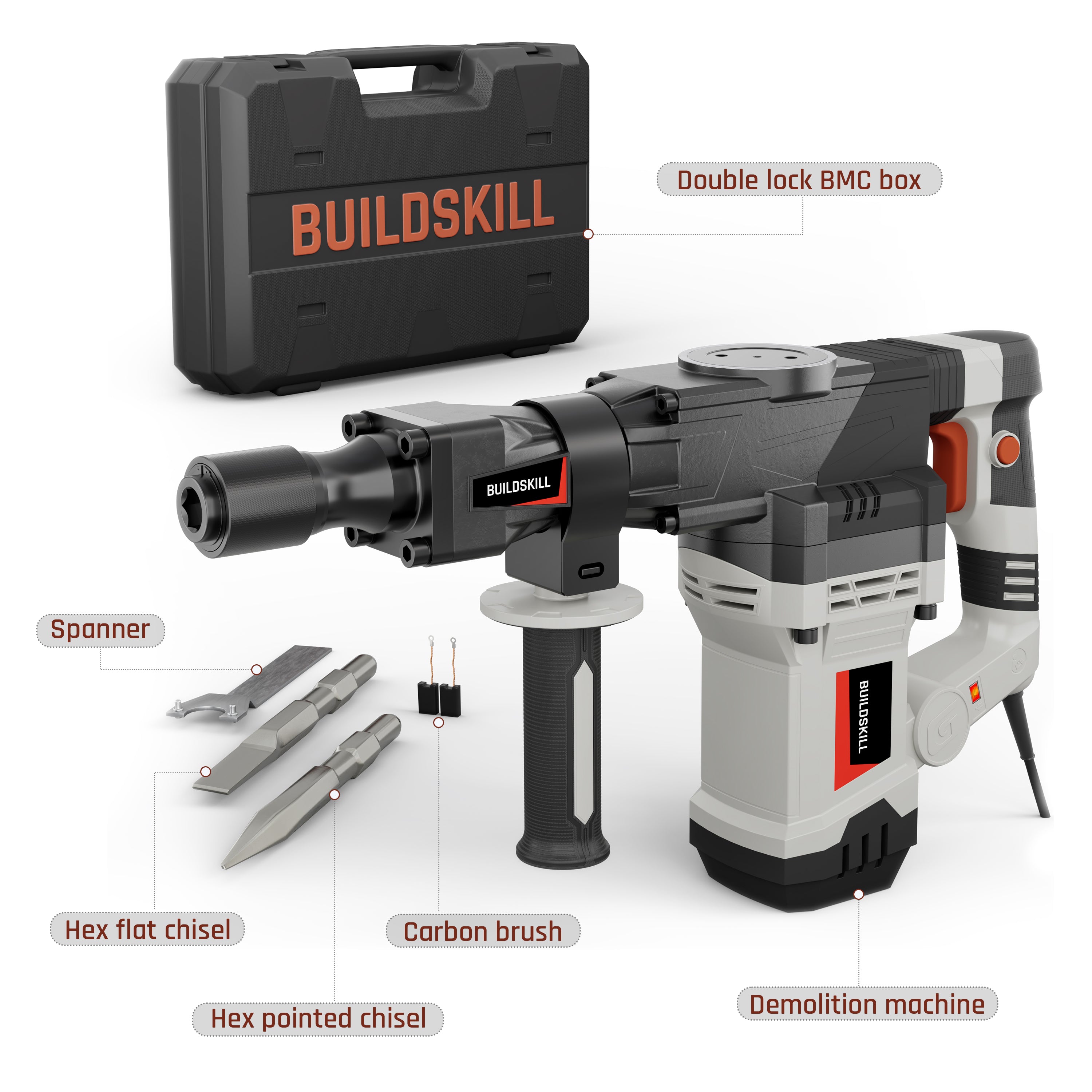Buildskill 360° Rotating Demolition Hammer – 1500W, 3000RPM