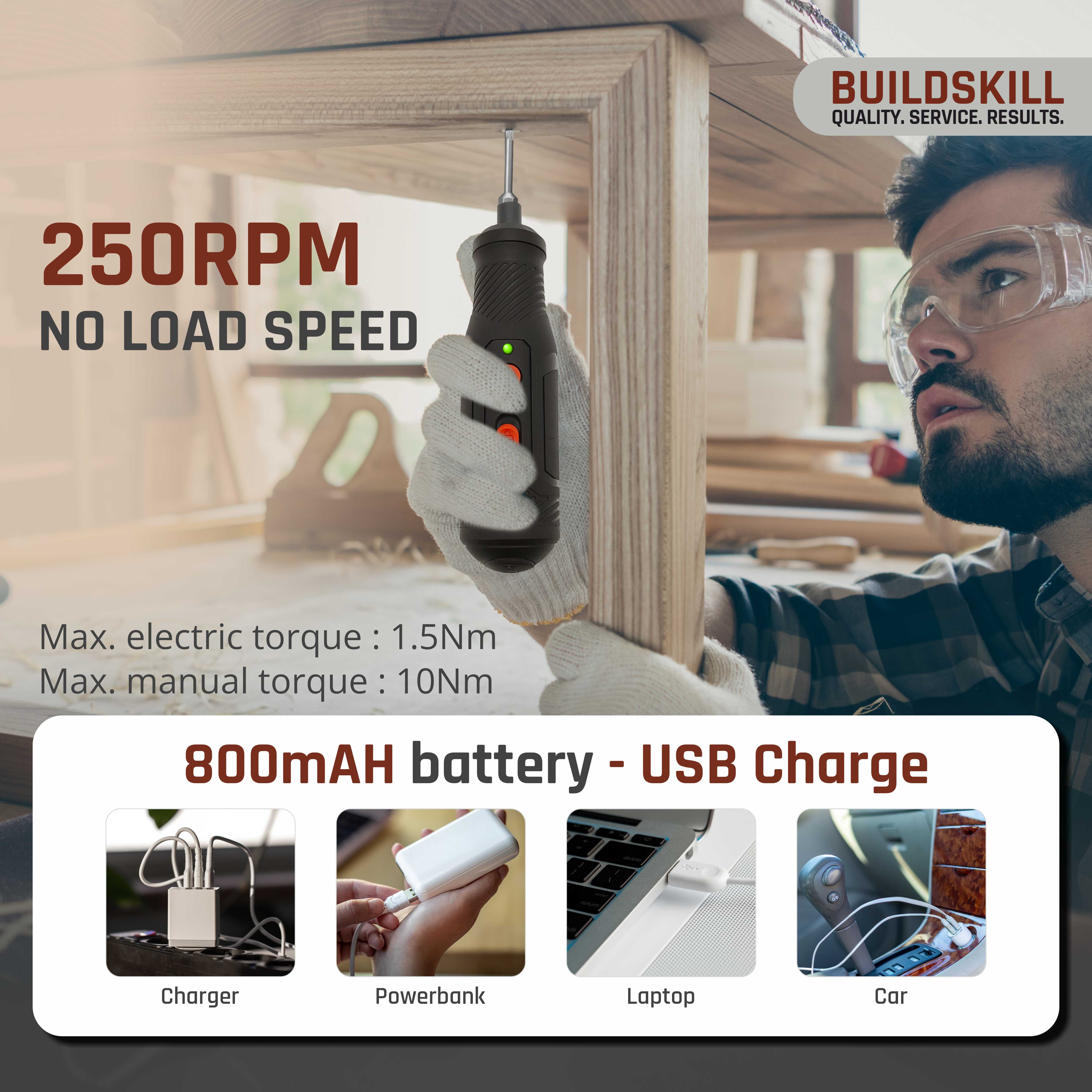 Buildskill 4V Cordless Screwdriver (250 RPM Speed)