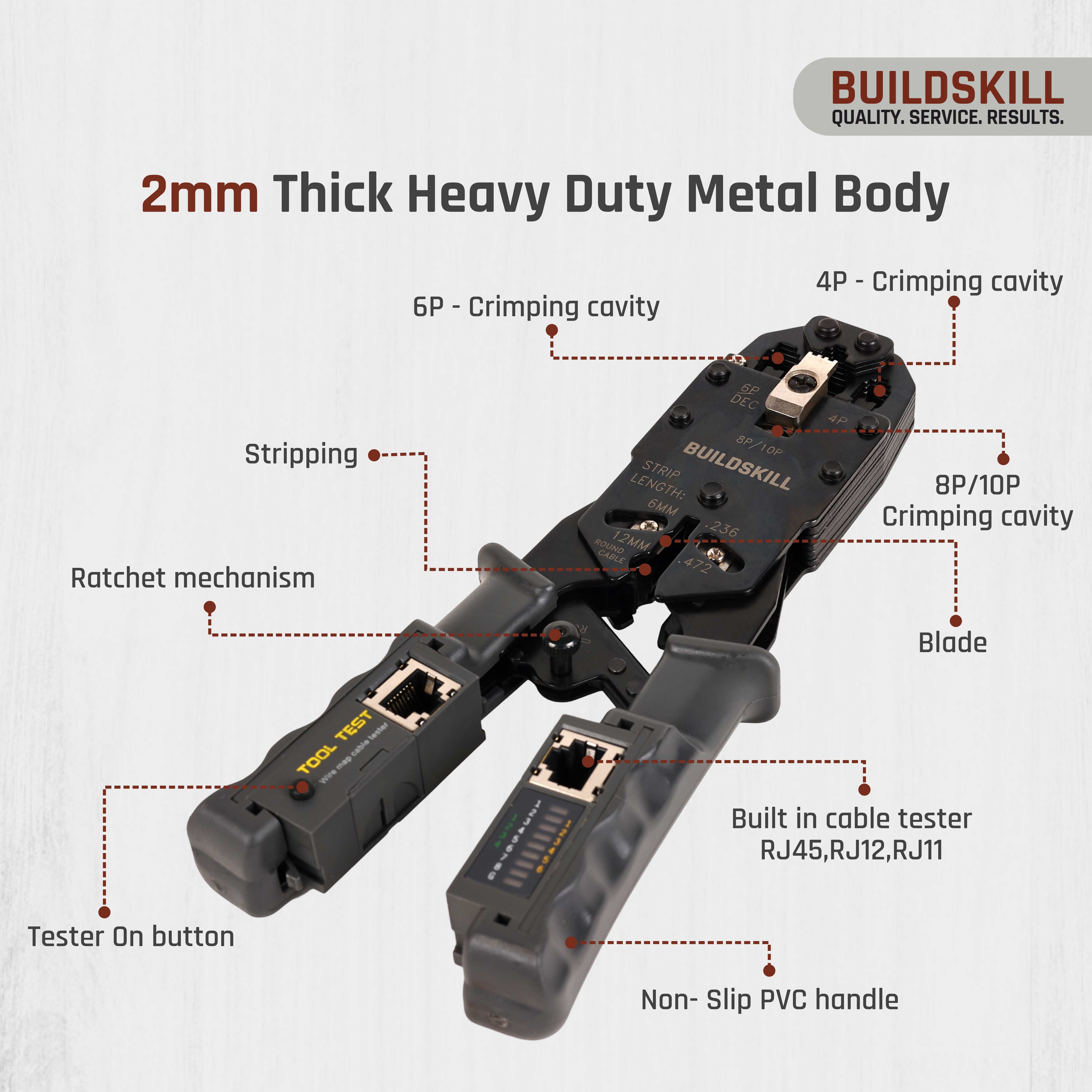 Buildskill All-in-One Network Crimping Tool, Wire Stripper, Cutter & Cable Tester