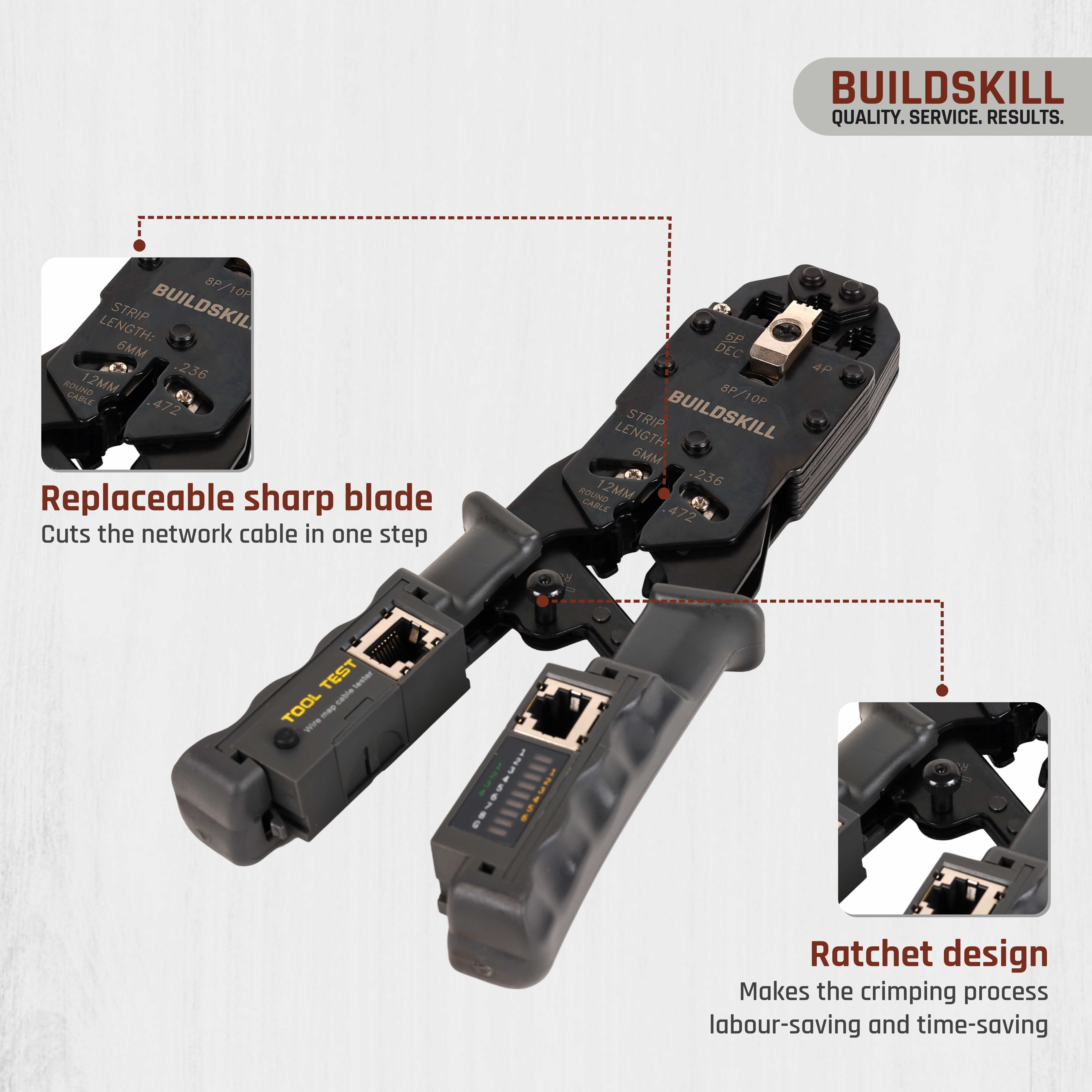 Buildskill All-in-One Network Crimping Tool, Wire Stripper, Cutter & Cable Tester