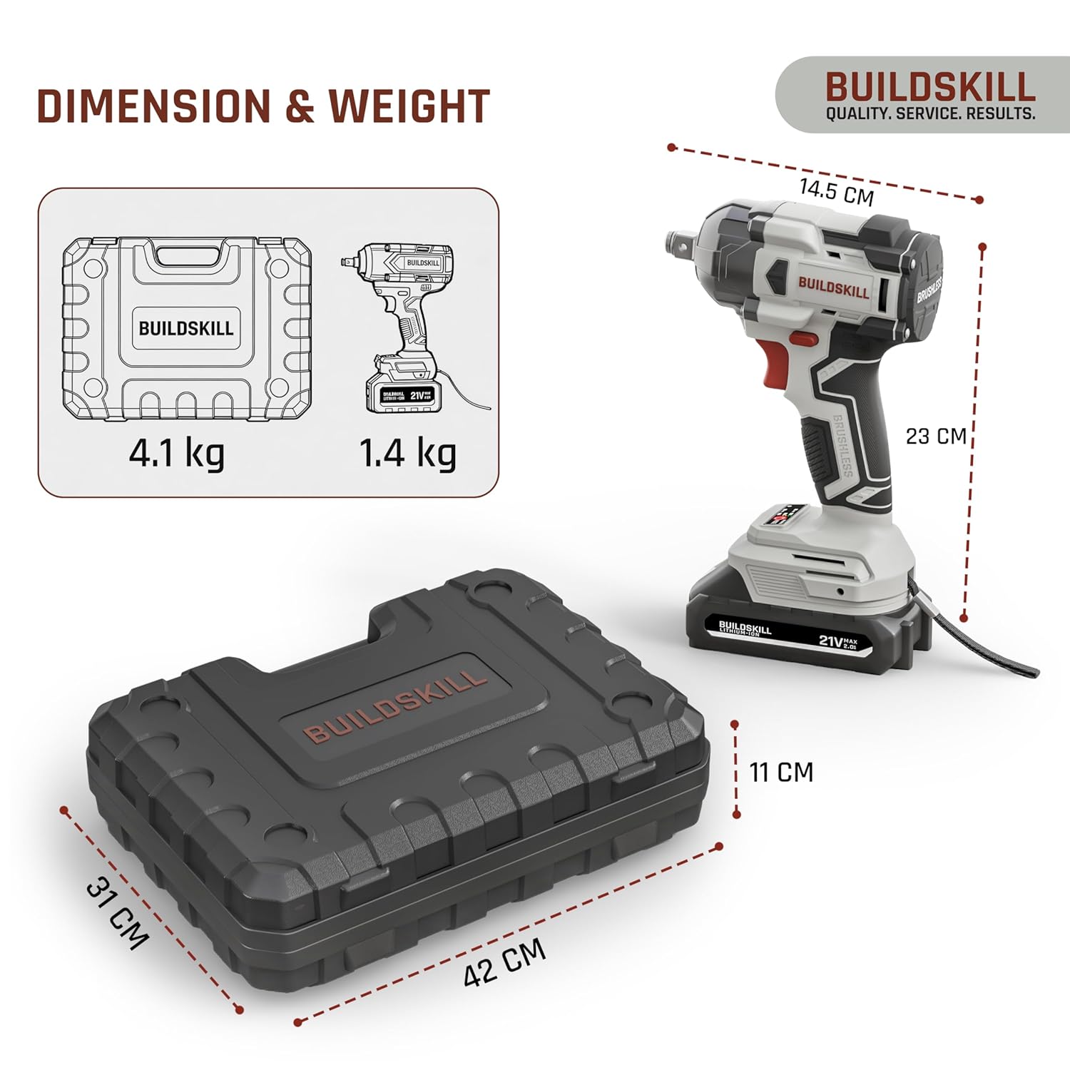 BUILDSKILL 21V - 1/2" 400NM BLDC Cordless Impact Wrench Set | 2 x 2.0Ah Battery | 10 Pcs Socket + 10 Pcs Screwdriver Bit | LED Light | 3400-4500 RPM | 2800-3200 Impact Rate | 2.0A Fast Charger