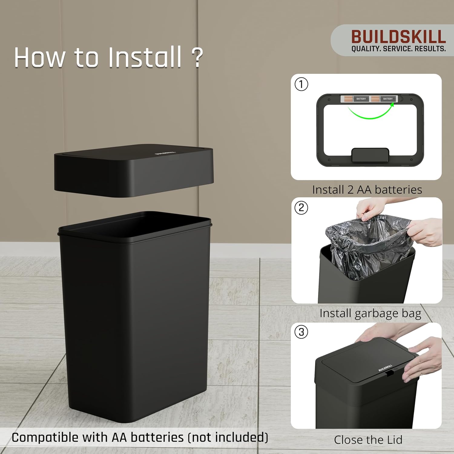 BUILDSKILL 9 Litre Smart Sensor Dustbin for Home | IPX5 Waterproof | 360° Odour Lock | Soft Close & Open | ABS Body | Compact Size | Convenient & Hygienic | Touchless Smart Dustbin for Home (Black)