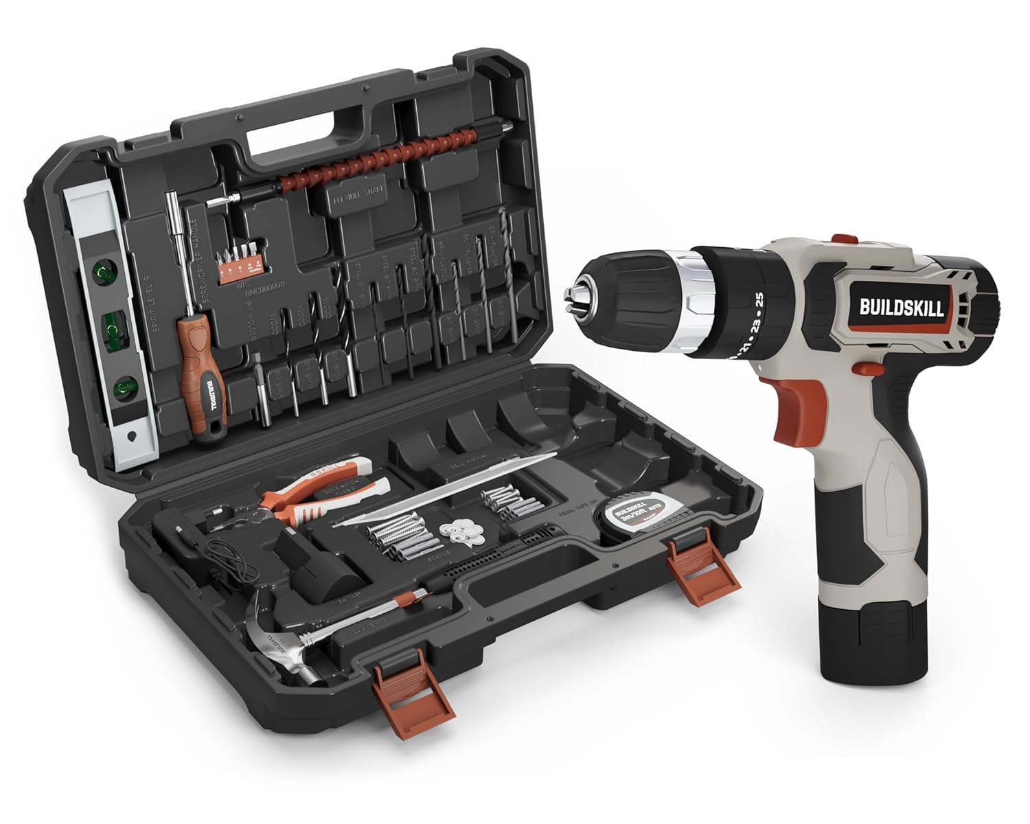BUILDSKILL 69 Pcs | 12V Cordless Drill Machine Tool Kit 10MM Keyless Chuck,Copper Armature, 3M Auto Measuring Tape, CRV Bits, TPR Screwdriver | Home Tools Box Kit with Drill Machine (6 Month Warranty)